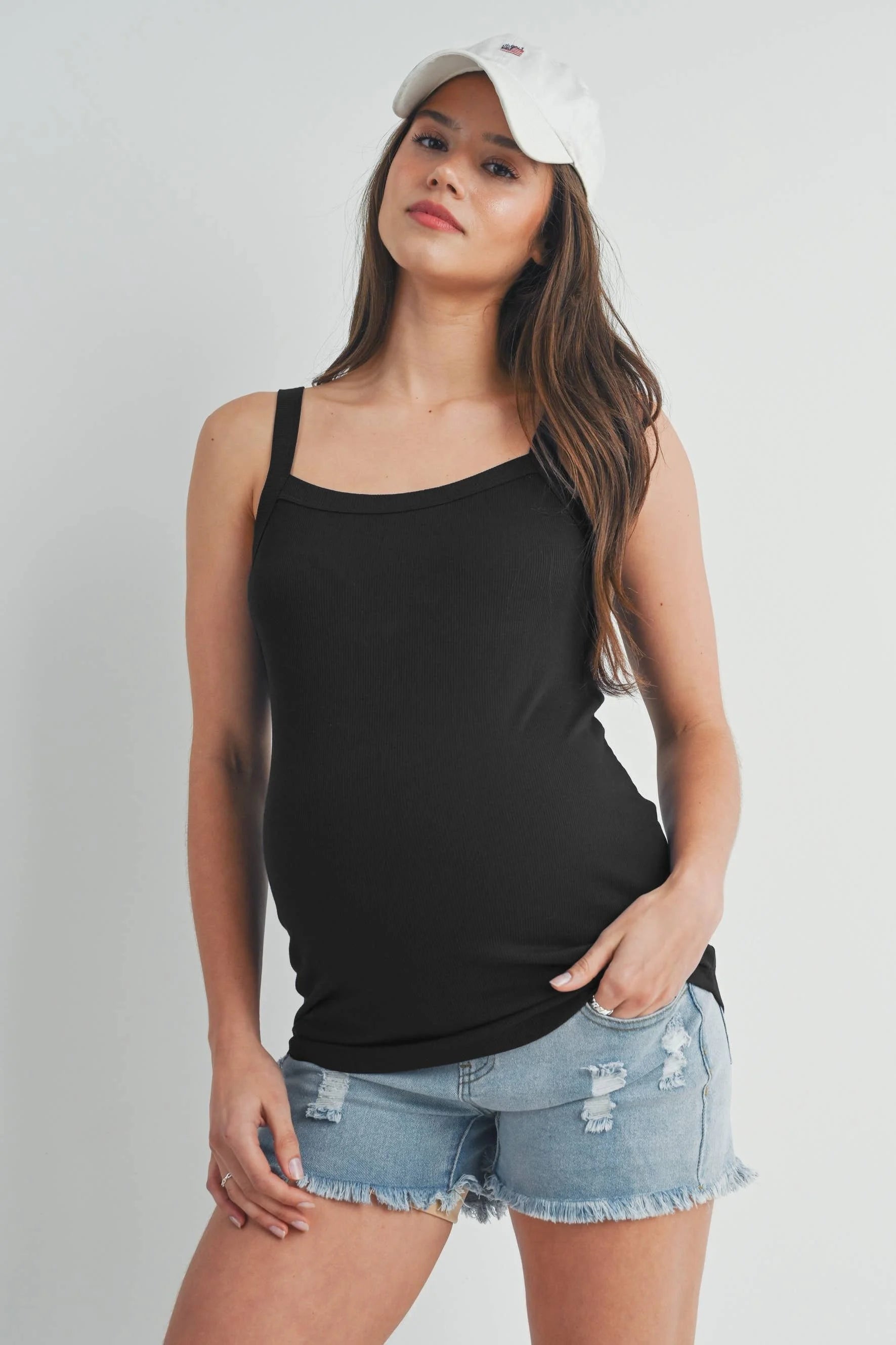 Black Ribbed Square Neck Maternity Solid Tank Top