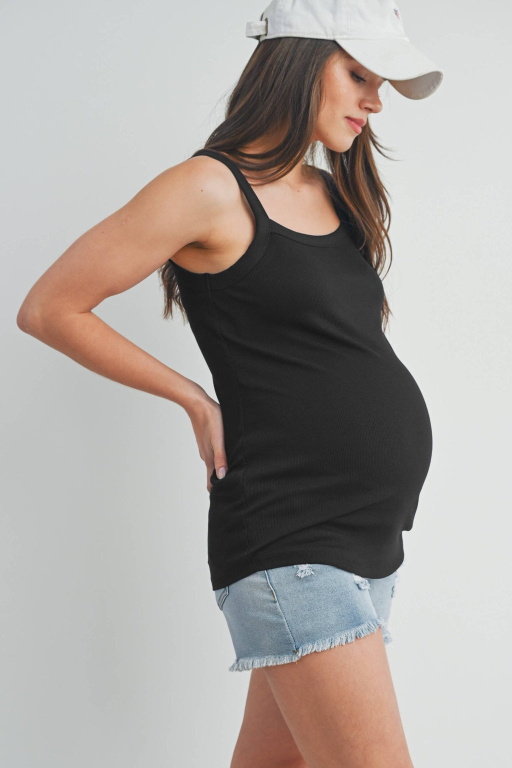 Black Ribbed Square Neck Maternity Solid Tank Top