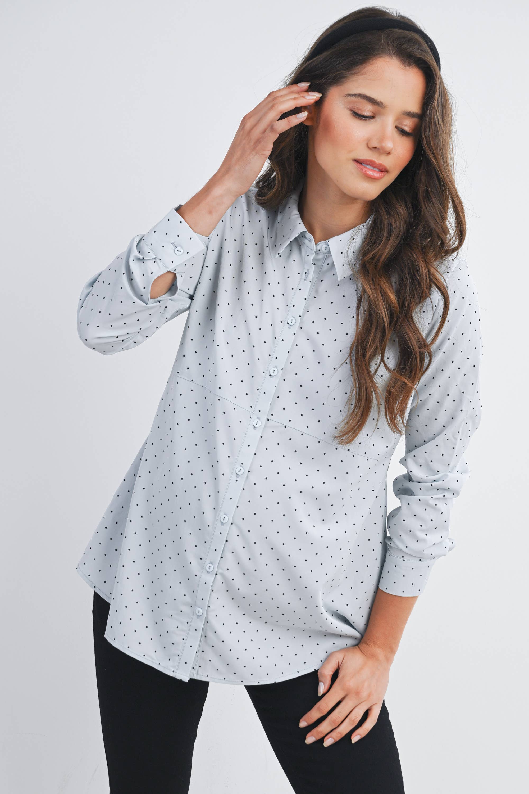 Polka Dot Button Down Long Sleeve Maternity Top