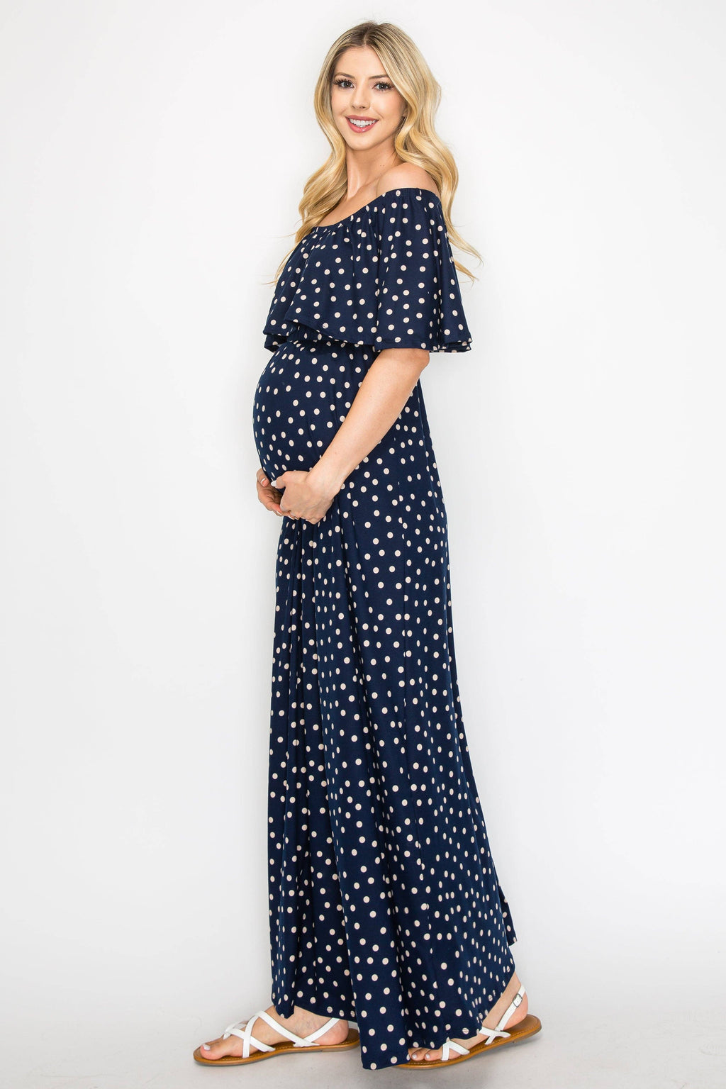 Off The Shoulder Navy/Polka Dot Maternity Maxi Dress