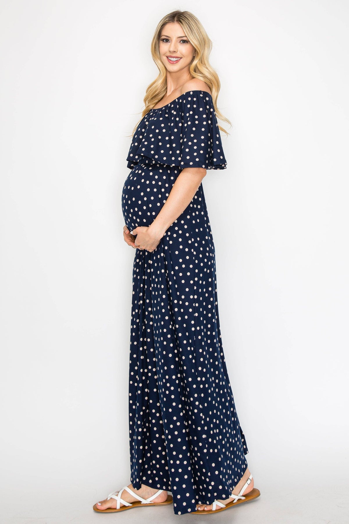 Off The Shoulder Navy/Polka Dot Maternity Maxi Dress
