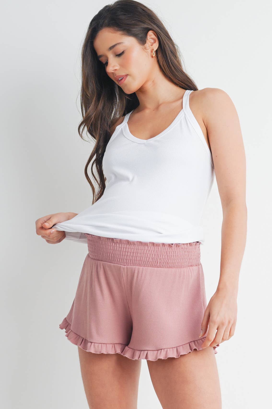 Mauve Smocked Ruffle Hem Maternity Shorts