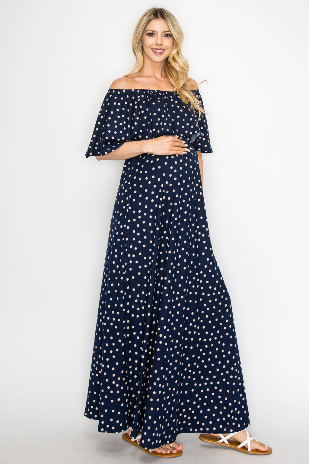 Off The Shoulder Navy/Polka Dot Maternity Maxi Dress