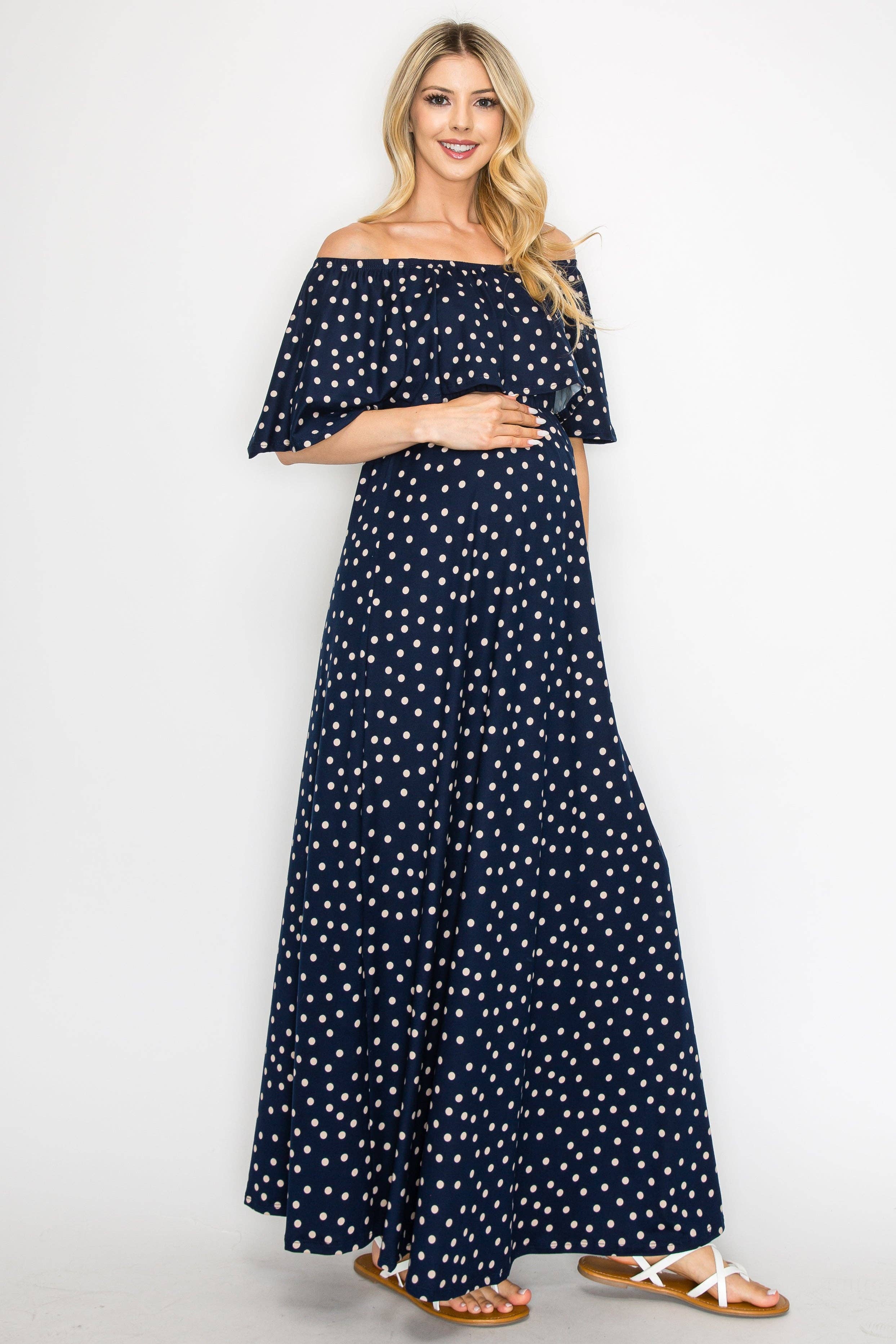 Off The Shoulder Navy/Polka Dot Maternity Maxi Dress