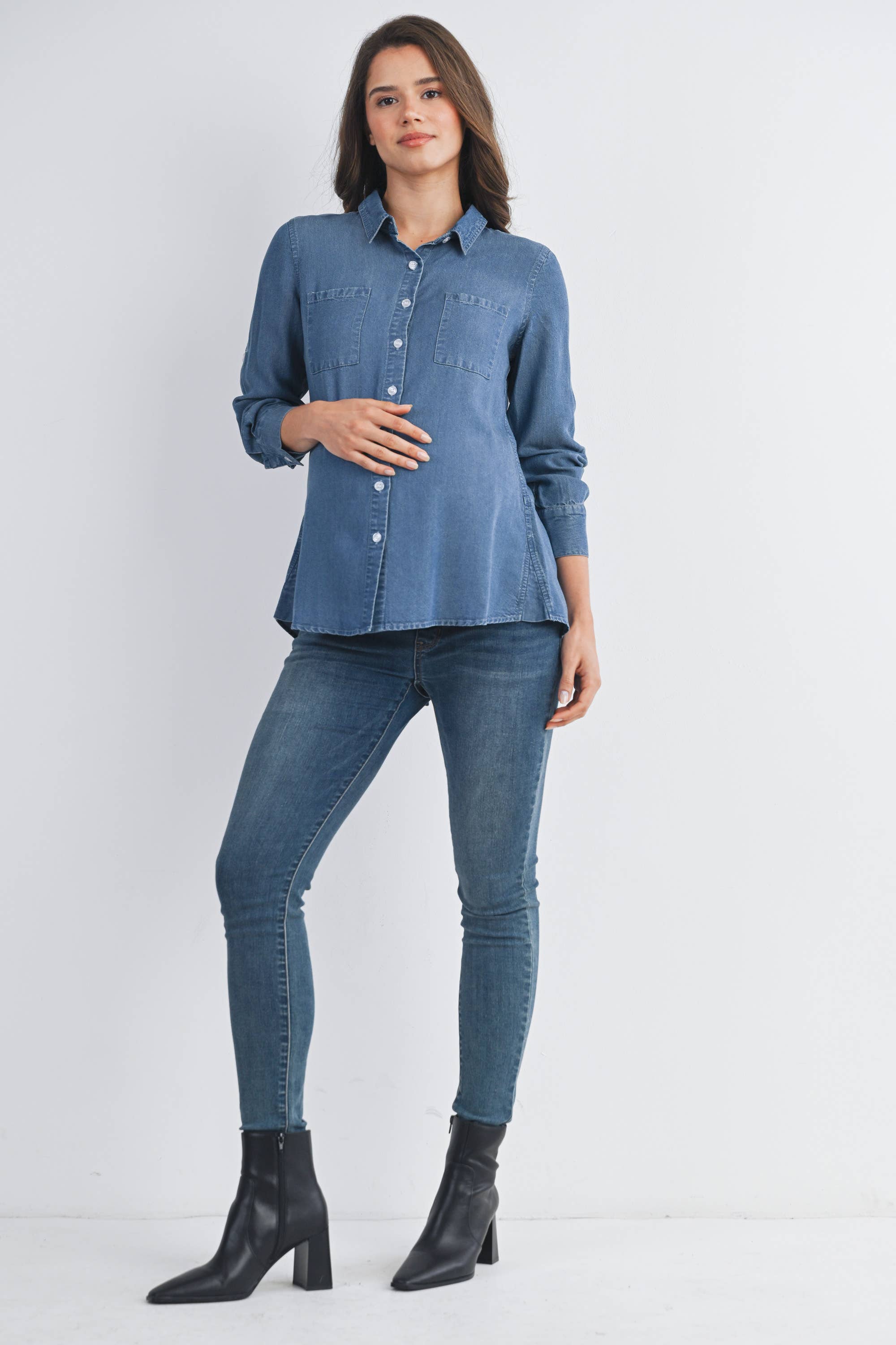 Button Down Long Sleeve Chambray Maternity Top