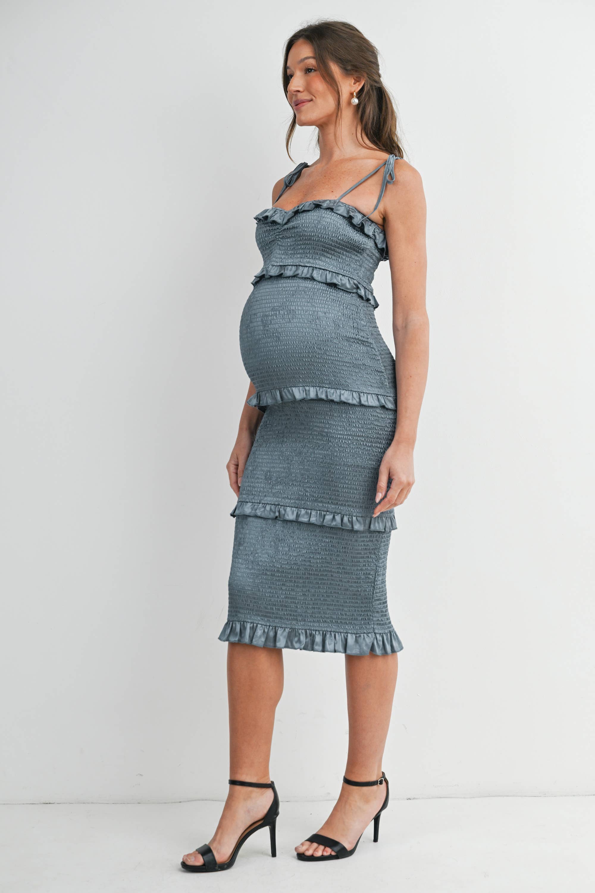 Smocked Ruffle Trim Maternity Midi Dress with Tie Straps in Teal