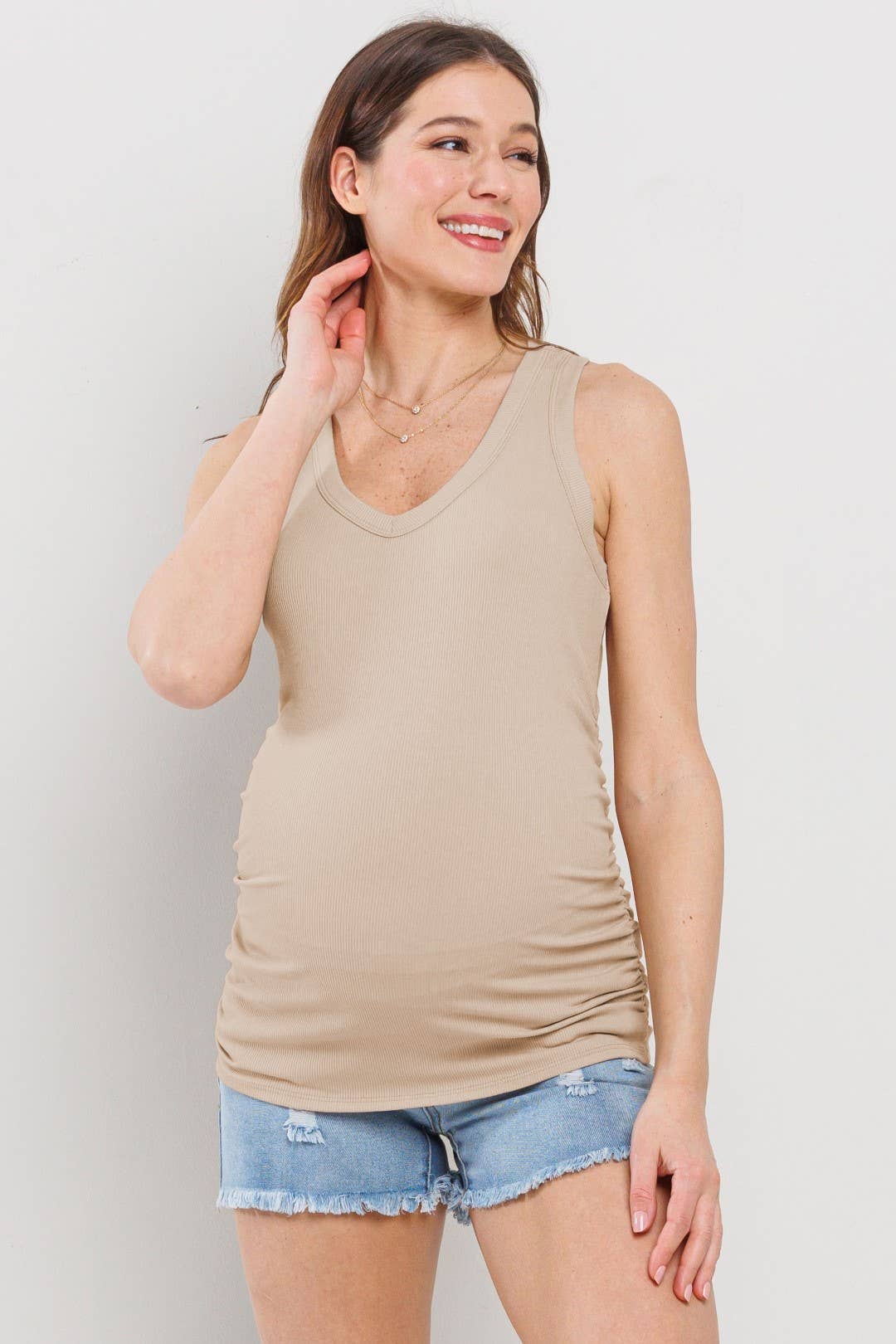 Ruched V-Neck Maternity Ribbed Tank Top in Sand