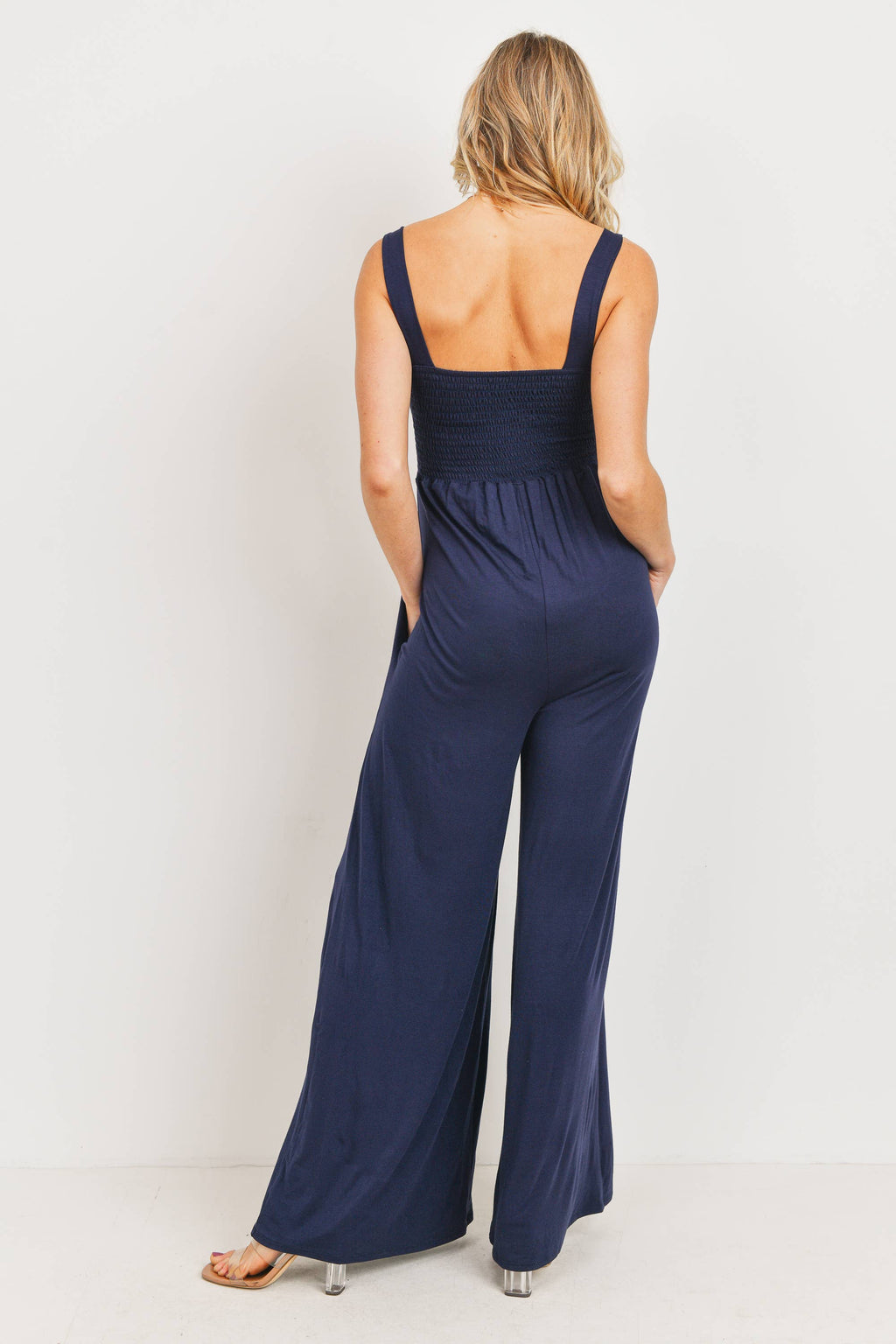 Sleeveless Smocked Maternity Wide-Leg Jumpsuit in Navy