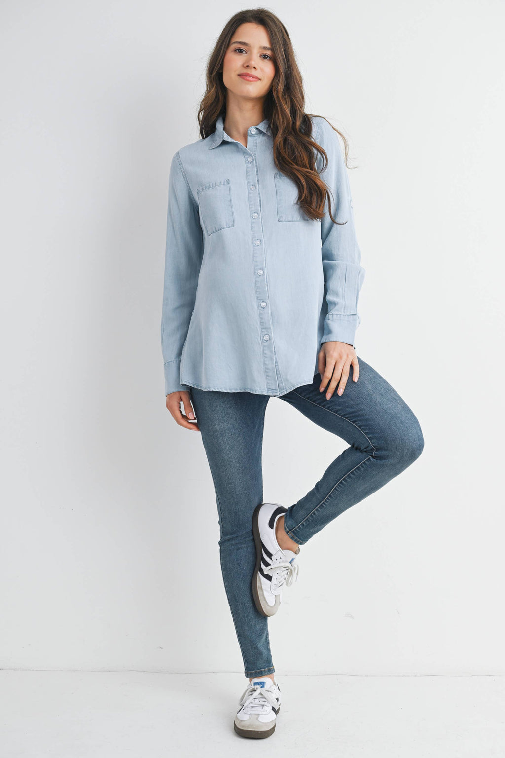 Button Down Long Sleeve Chambray Maternity Top