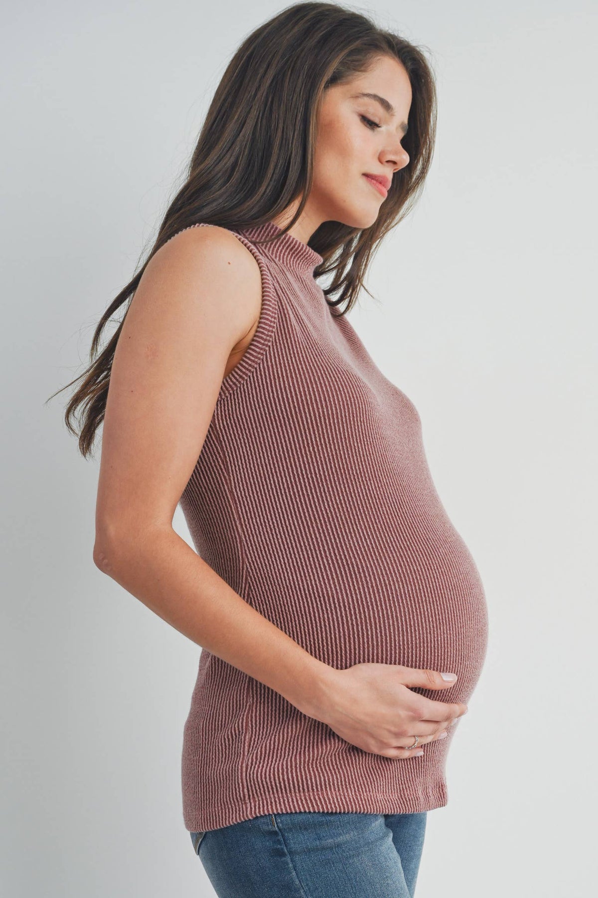 Ribbed Mock Neck Maternity Tank Top Red Brown
