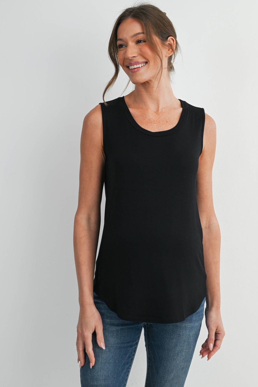 Double Layer Sleeveless Maternity Nursing Knit Tank Top in Black
