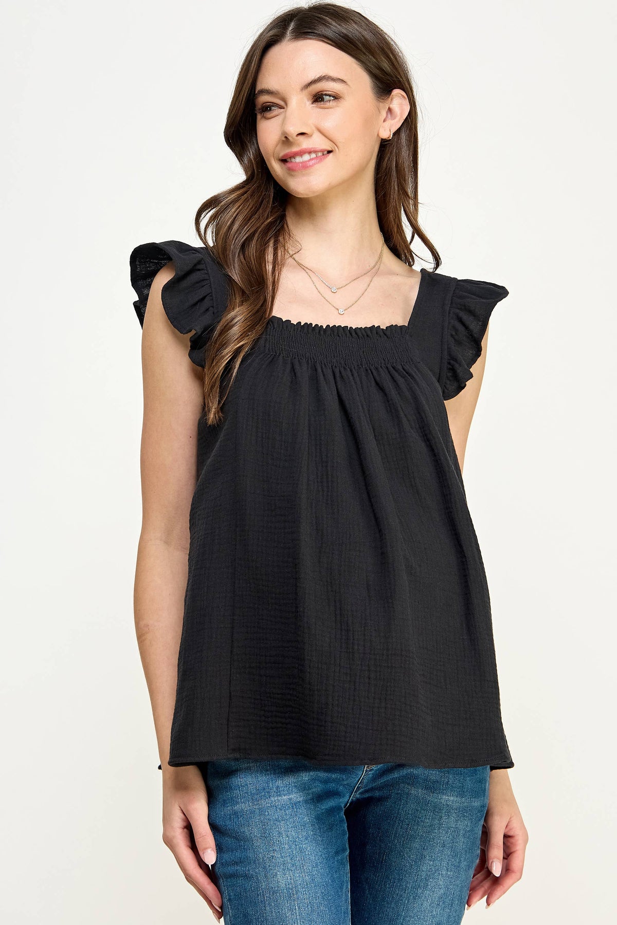 Black Ruffle Sleeve Square Neck Maternity Top