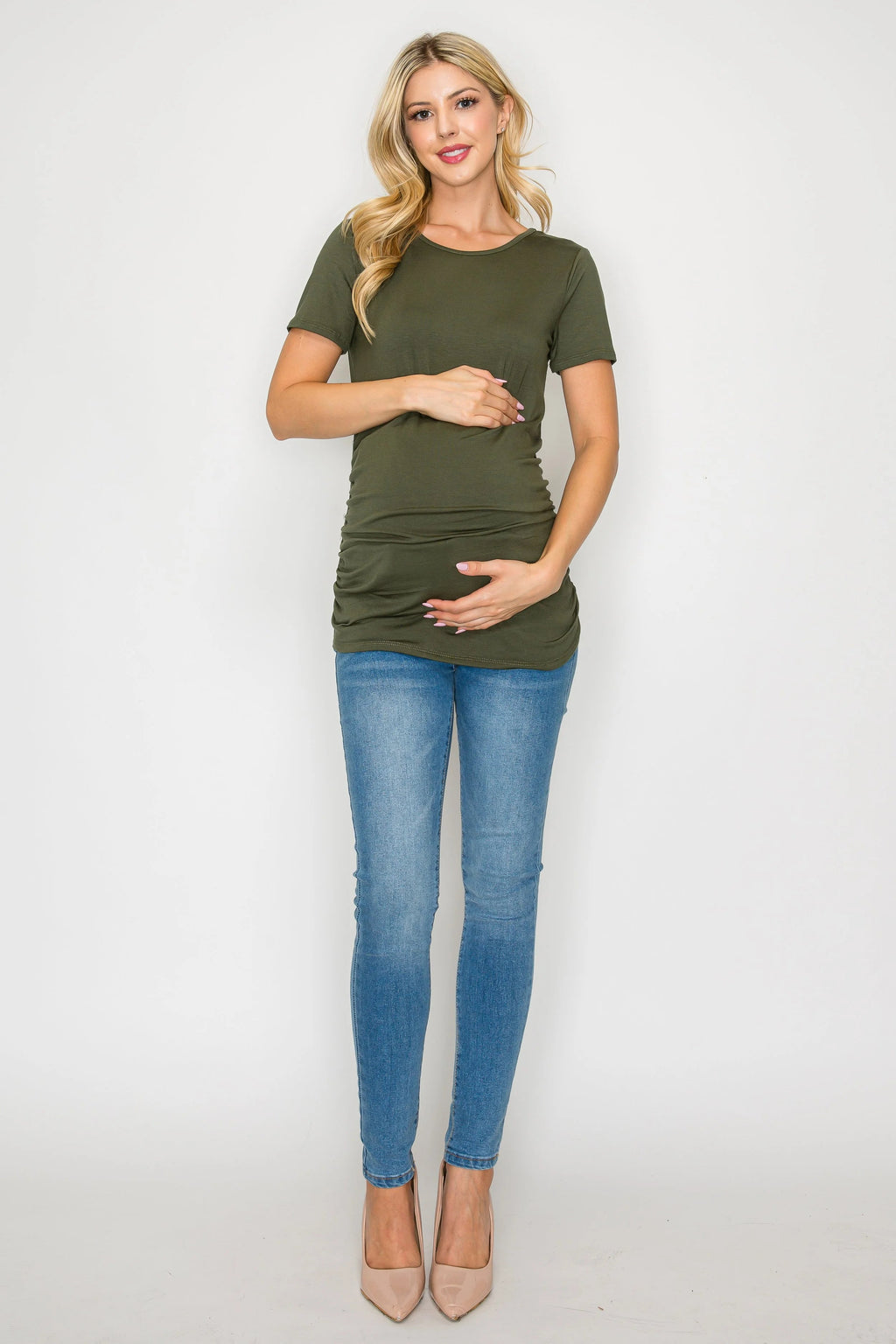 Elisse Casual Short Sleeve Maternity Top W/Side Ruching in Olive