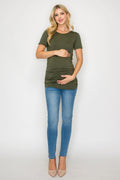 Elisse Casual Short Sleeve Maternity Top W/Side Ruching in Olive