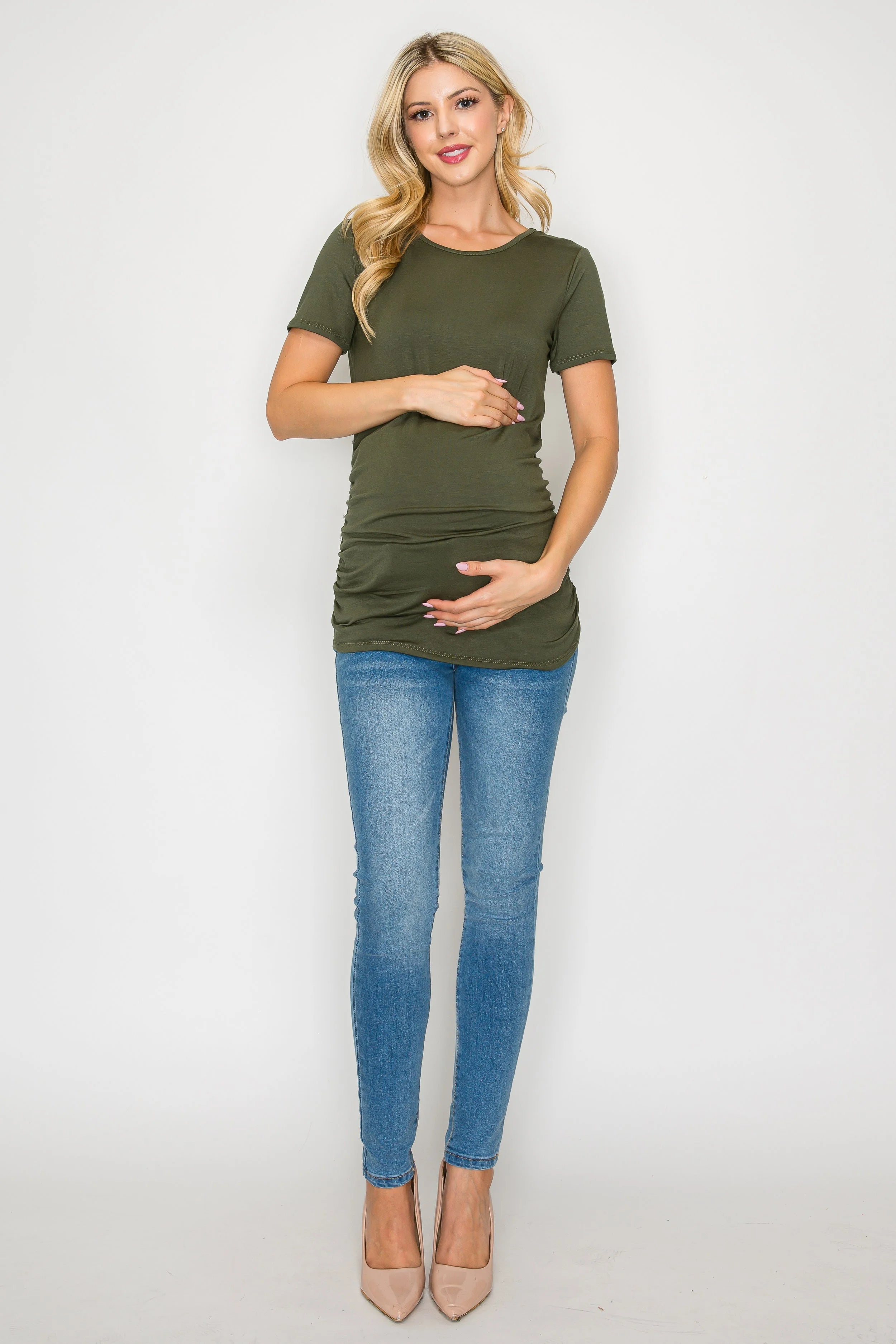 Elisse Casual Short Sleeve Maternity Top W/Side Ruching in Olive