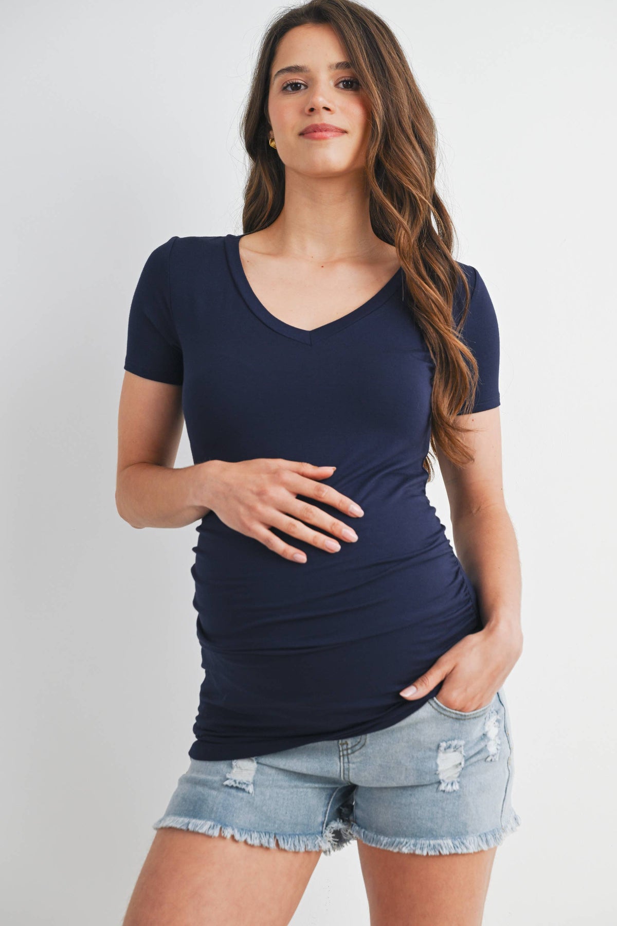 Navy Basic V-Neck Ruched Short Sleeve Maternity T-Shirt