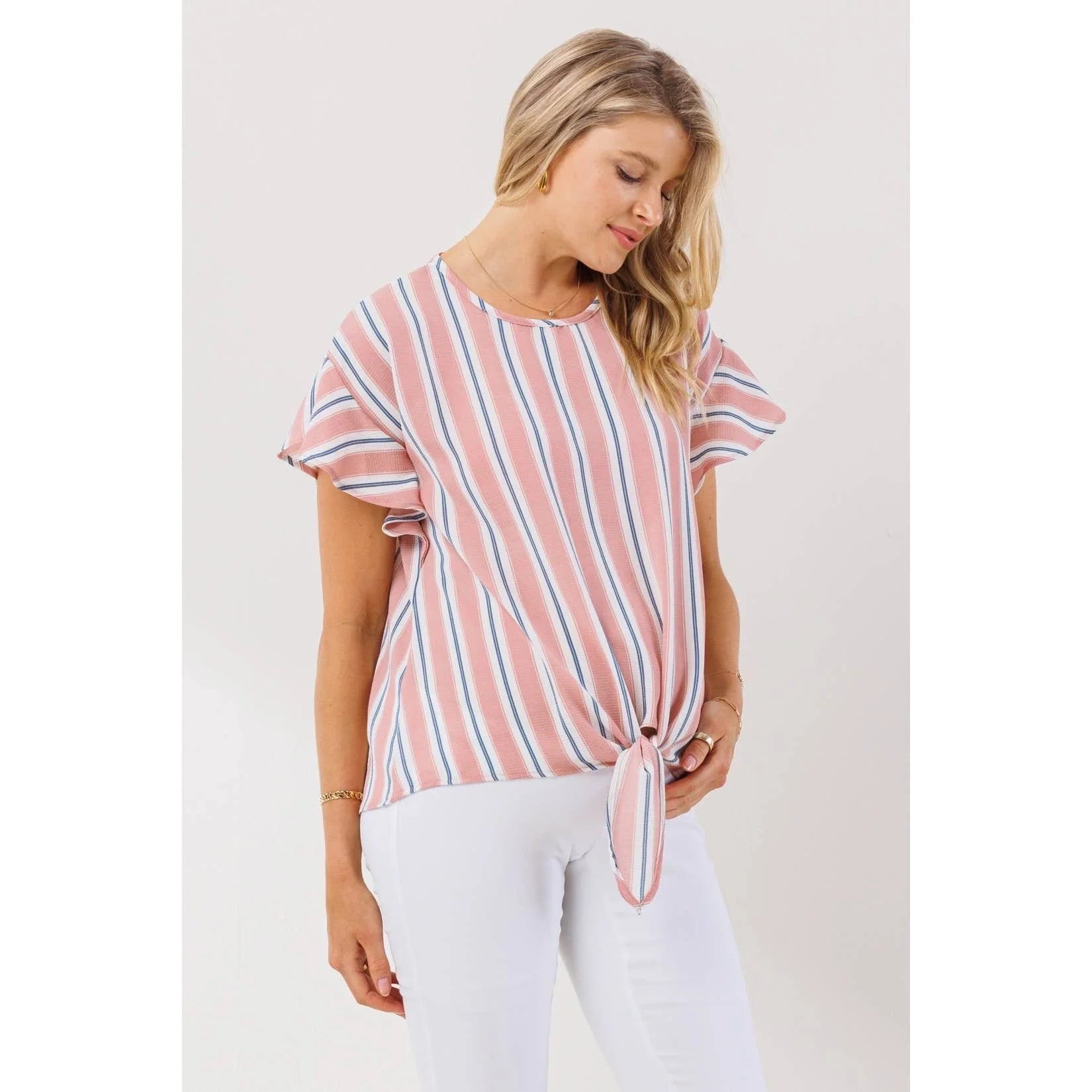 Pink Striped Ruffle Sleeve Round Neck Maternity Blouse
