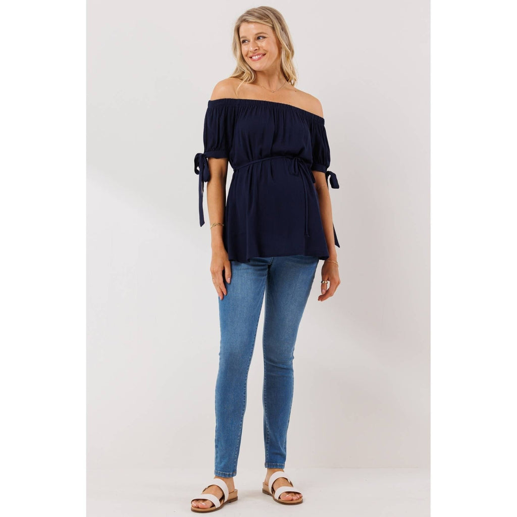Off The Shoulder Tie-Sleeve Maternity Textured Top