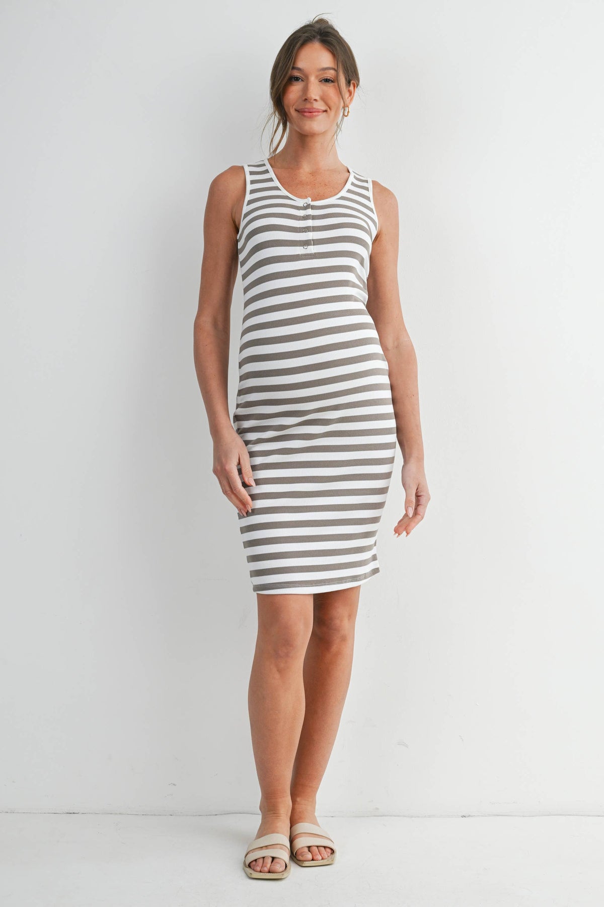 Ribbed Striped Maternity Bodycon Dress with Henley Neckline