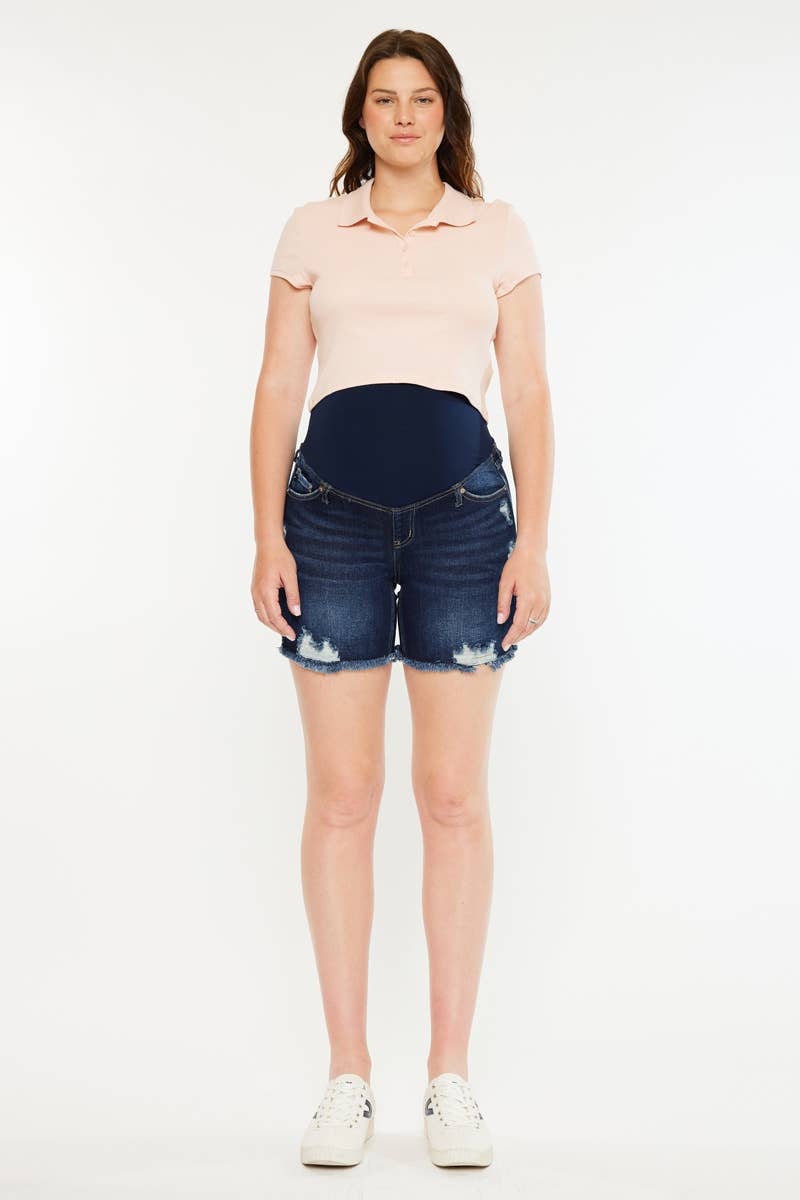 Distressed Maternity Dark Wash Denim Shorts