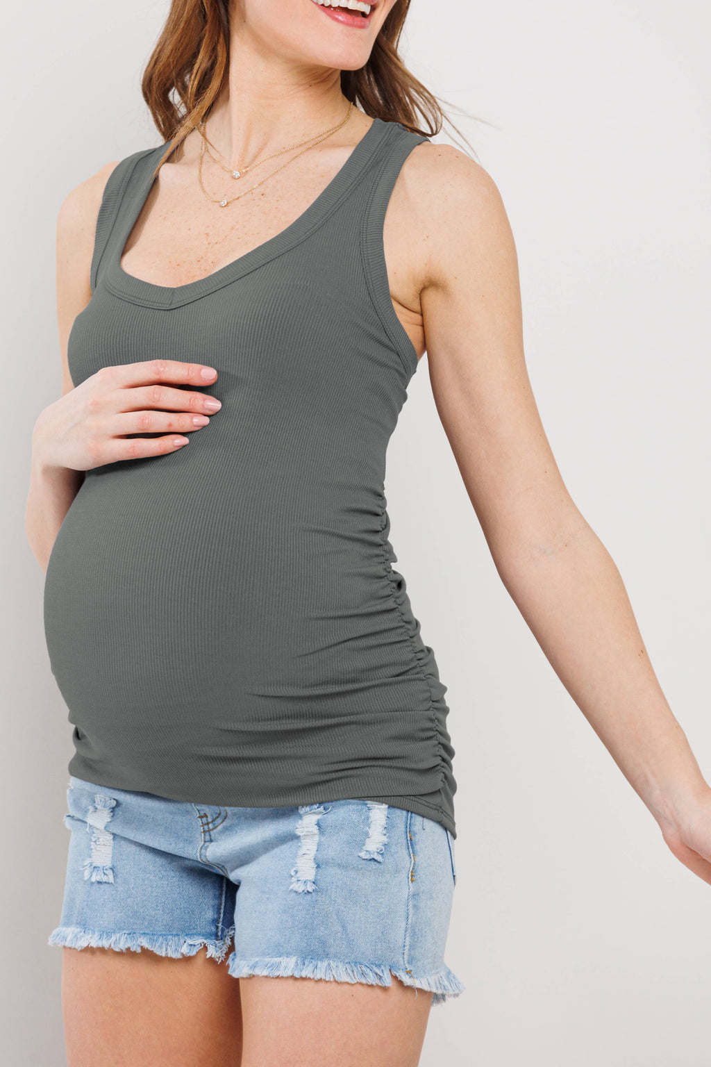 Ruched V-Neck Maternity Ribbed Tank Top in Olive
