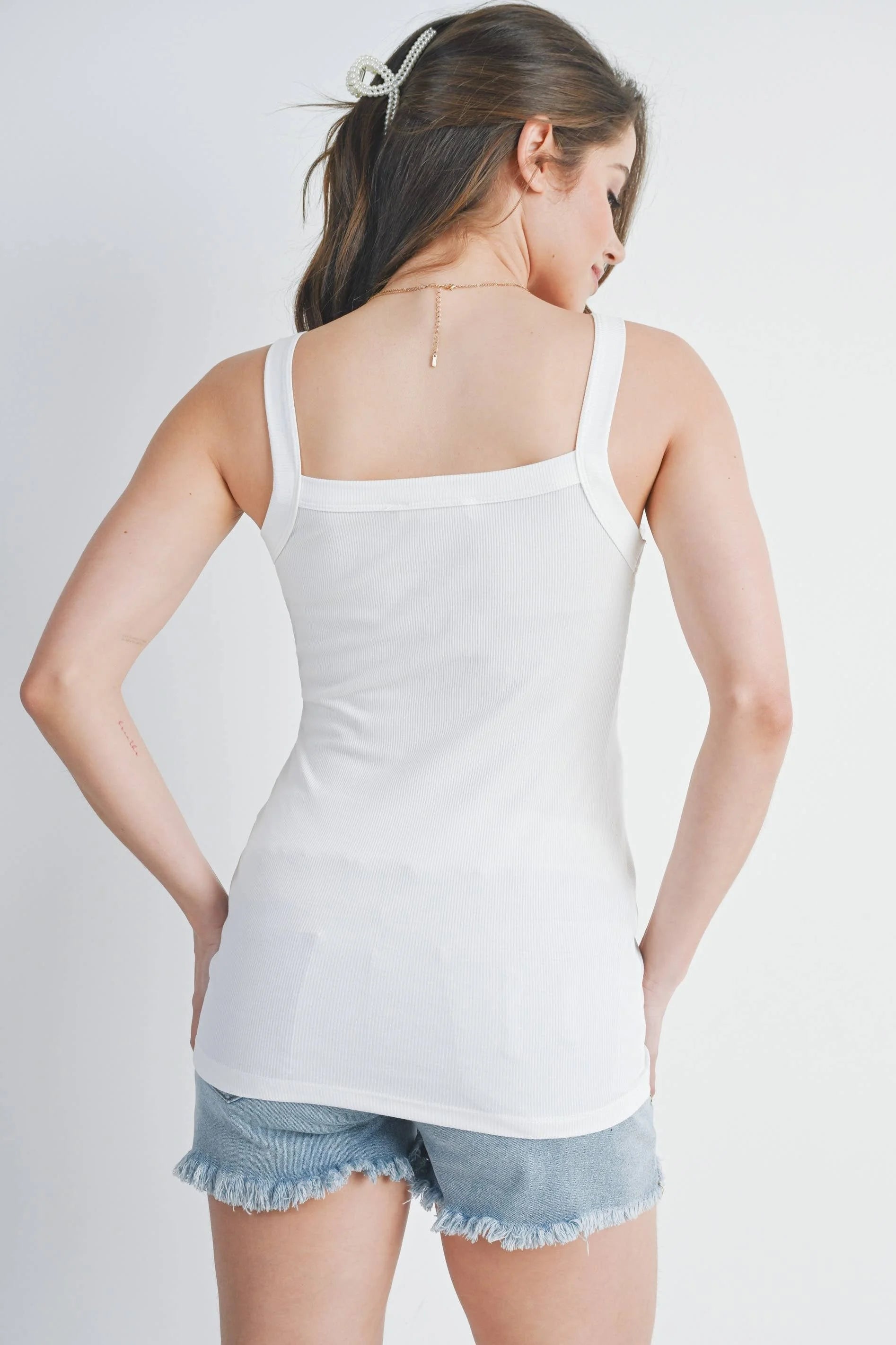 Off-white Ribbed Square Neck Maternity Solid Tank Top