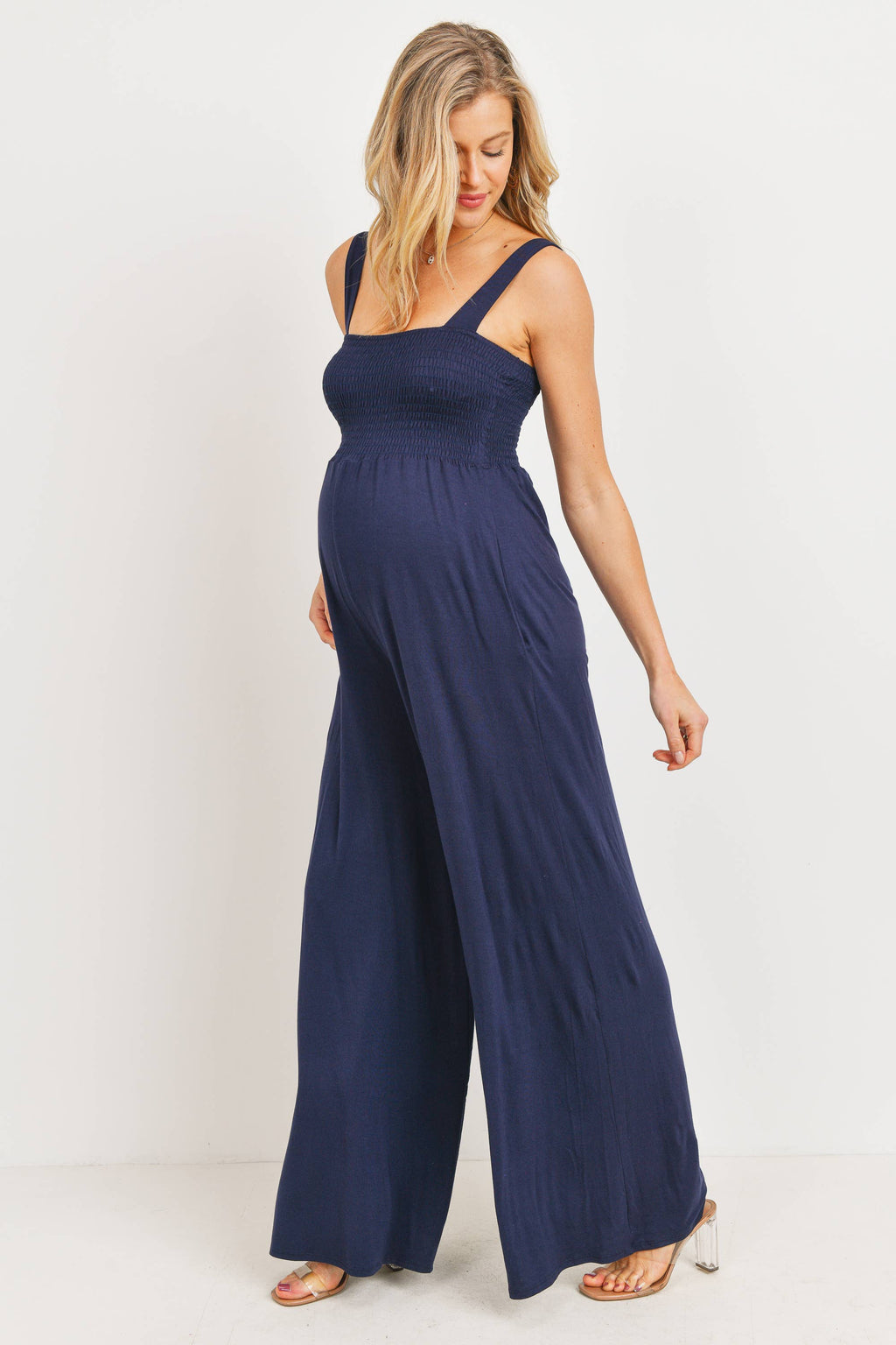 Sleeveless Smocked Maternity Wide-Leg Jumpsuit in Navy