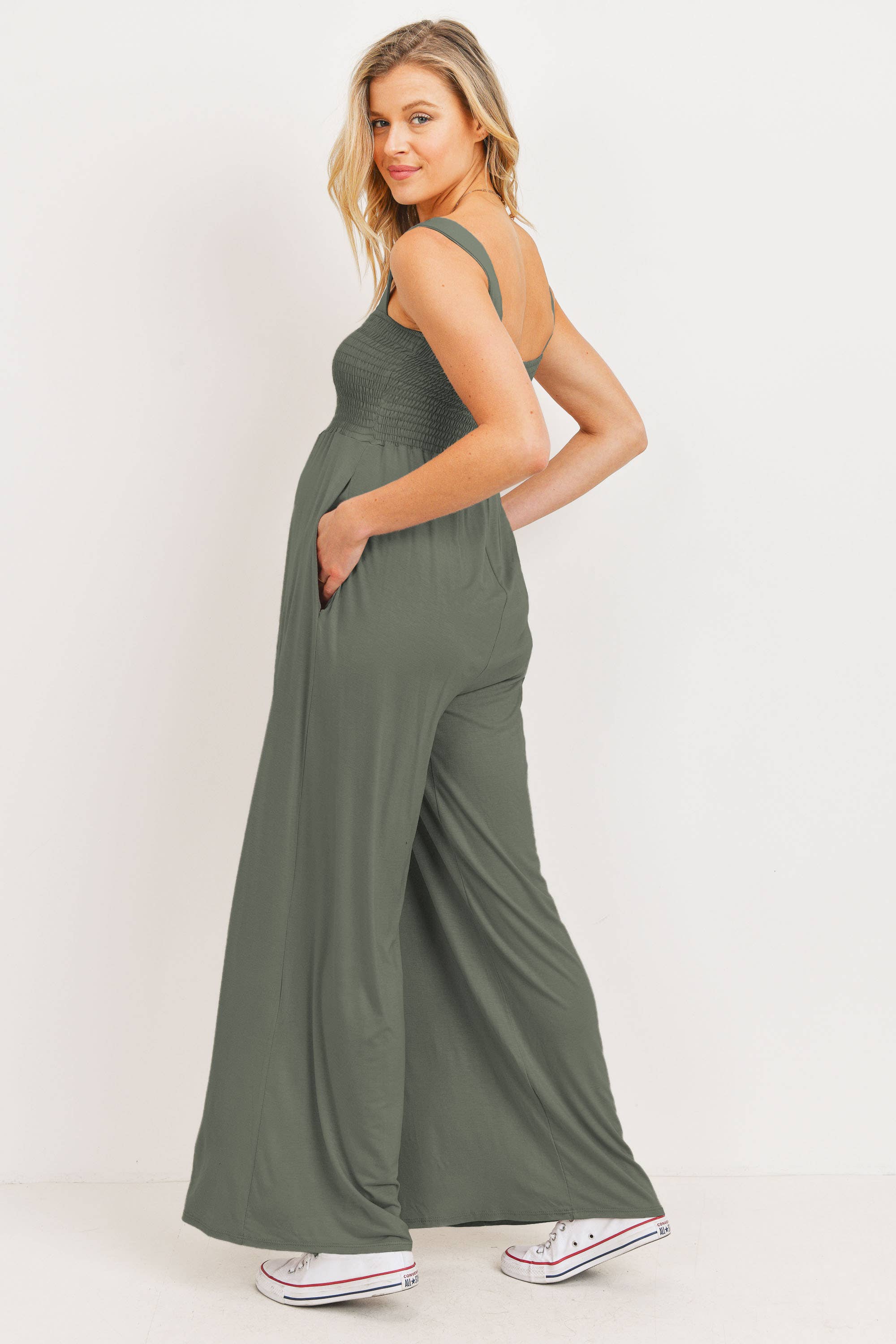 Sleeveless Smocked Maternity Wide Leg Jumpsuit in Olive