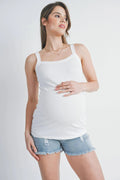 Off-white Ribbed Square Neck Maternity Solid Tank Top