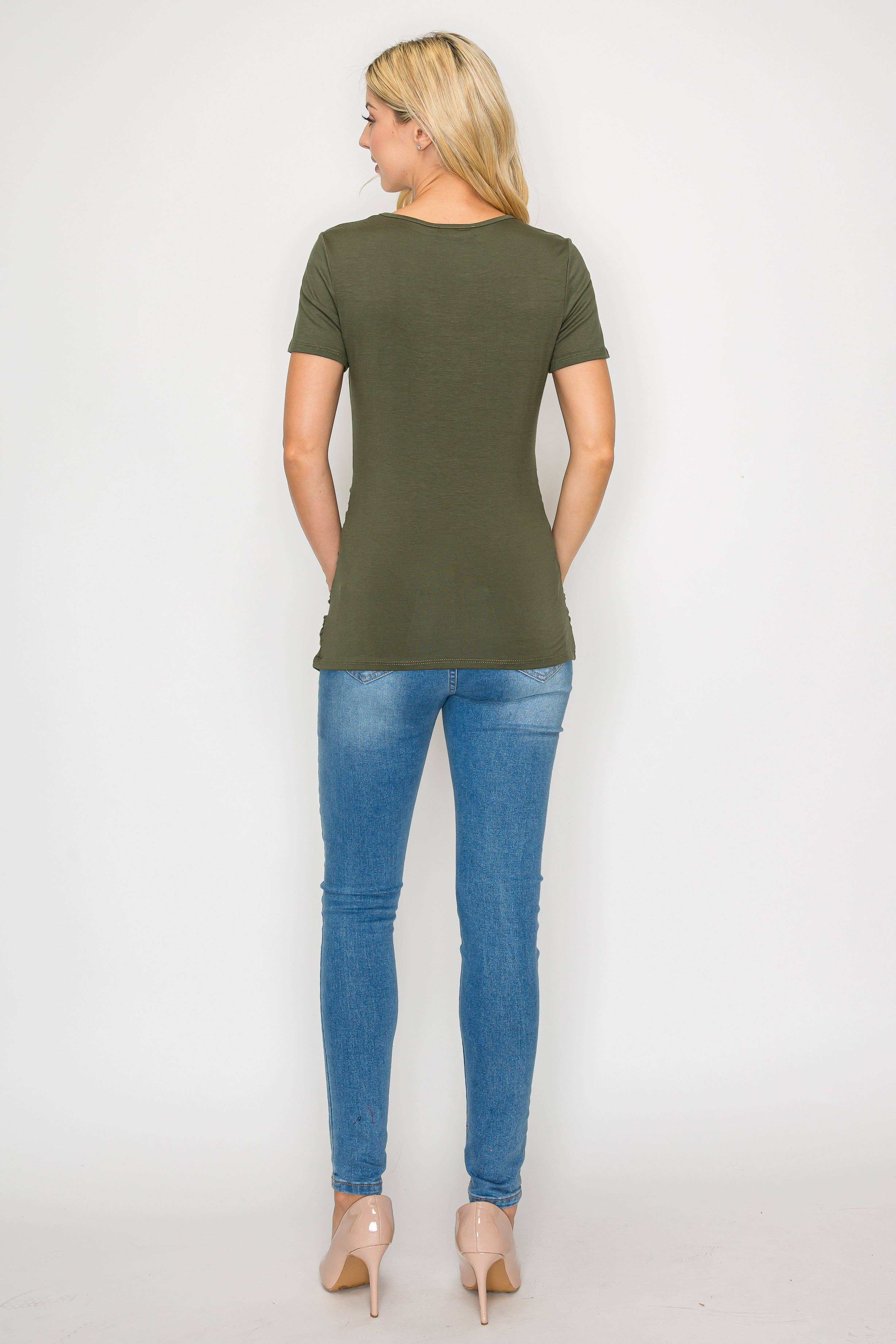 Elisse Casual Short Sleeve Maternity Top W/Side Ruching in Olive