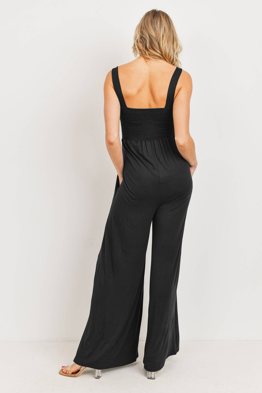 Sleeveless Smocked Maternity Wide Leg Jumpsuit in Black