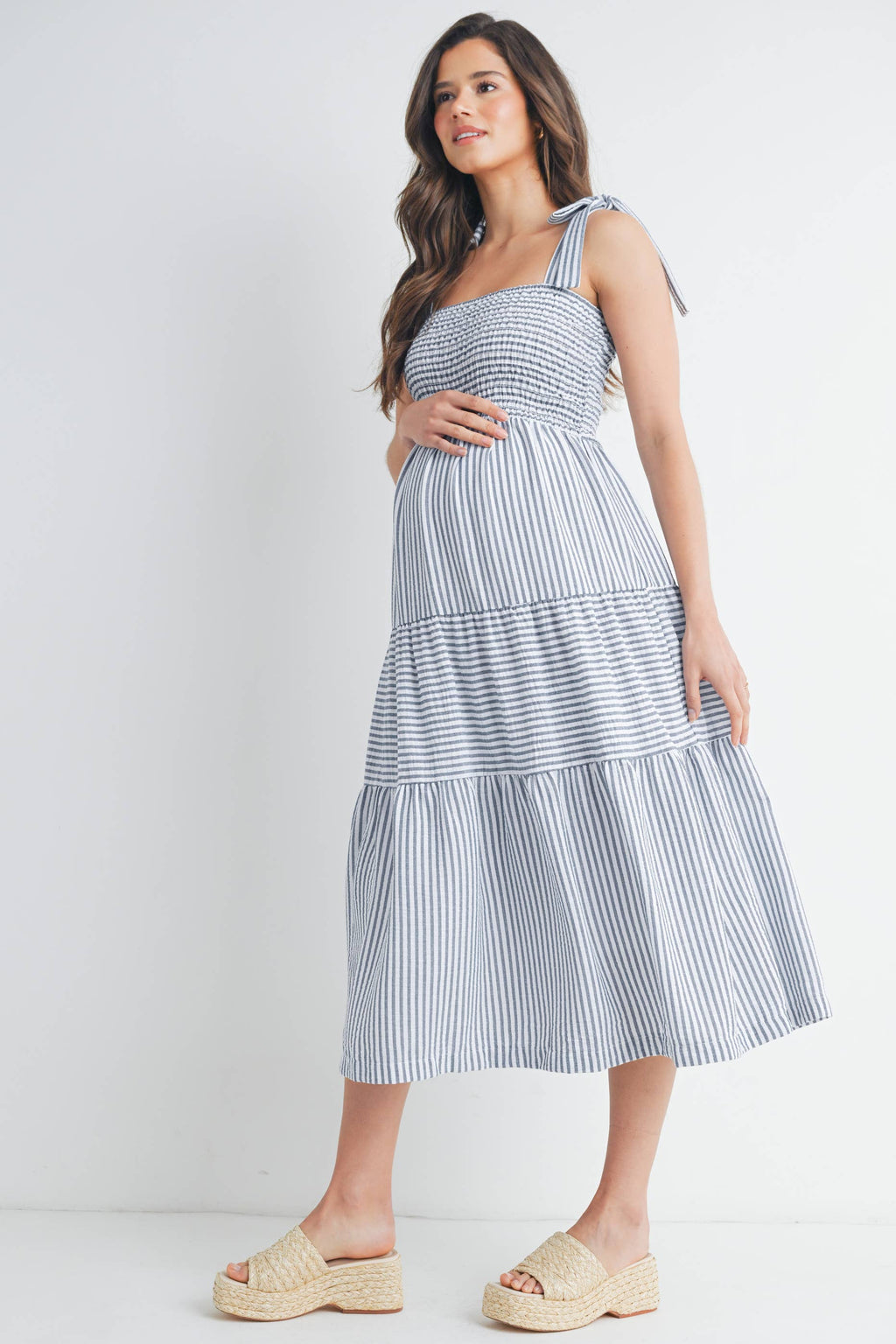 Striped Ruffle Tiered Maternity Midi Dress