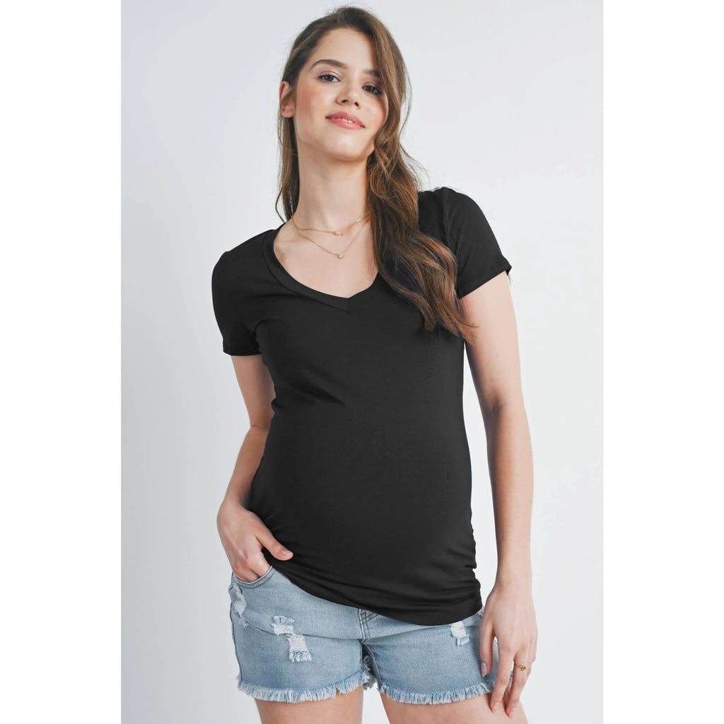 Black V-Neck Short Sleeve Maternity T-Shirt