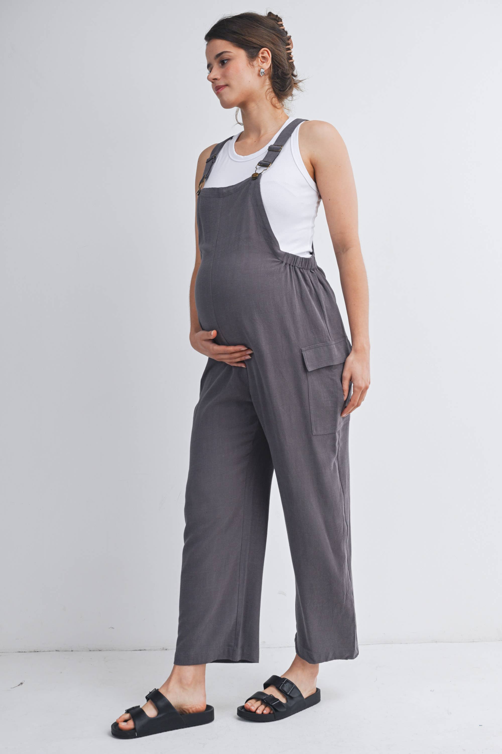 Straight Leg Maternity Adjustable Overalls in Gray