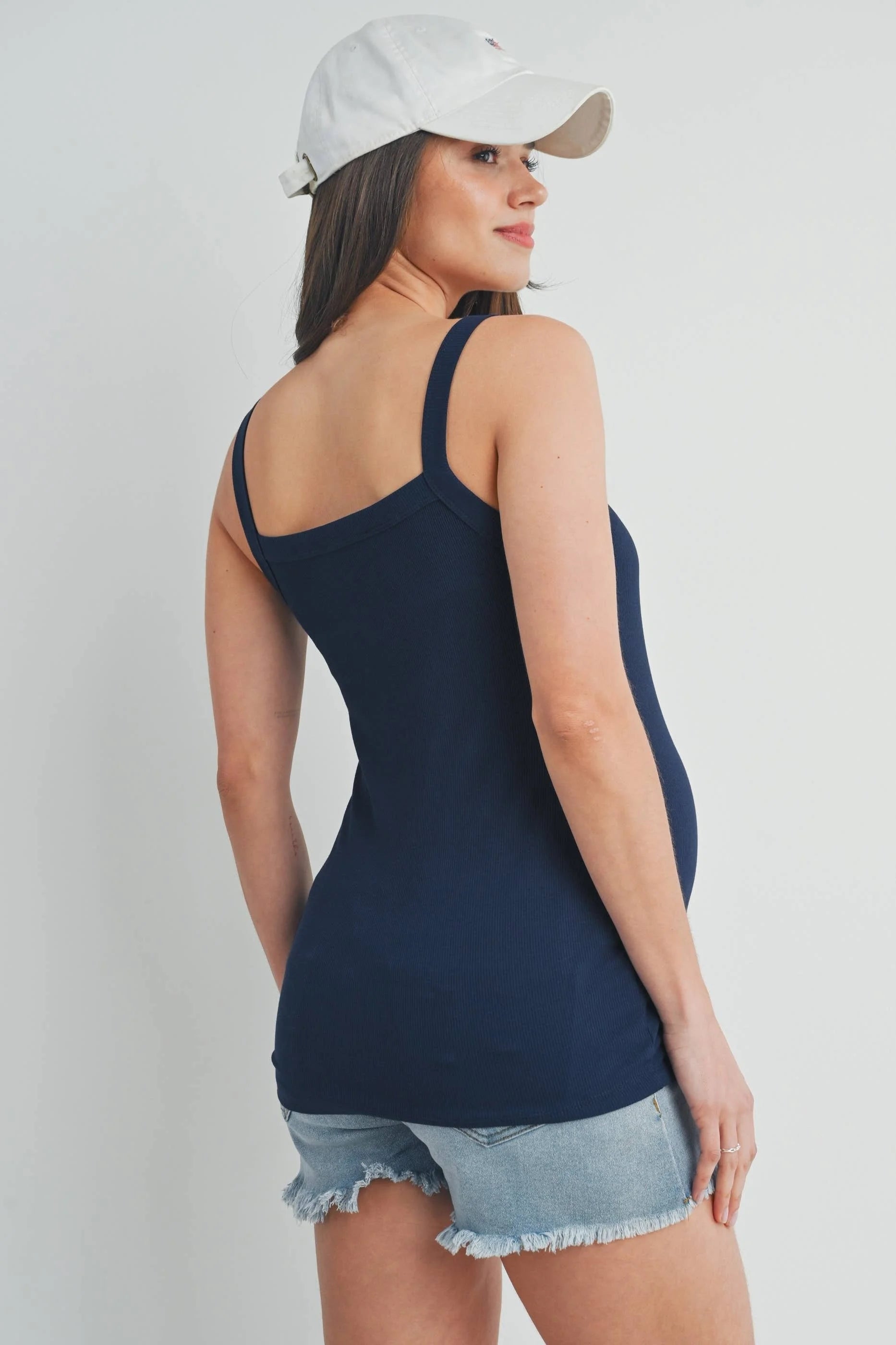Black Ribbed Square Neck Maternity Solid Tank Top