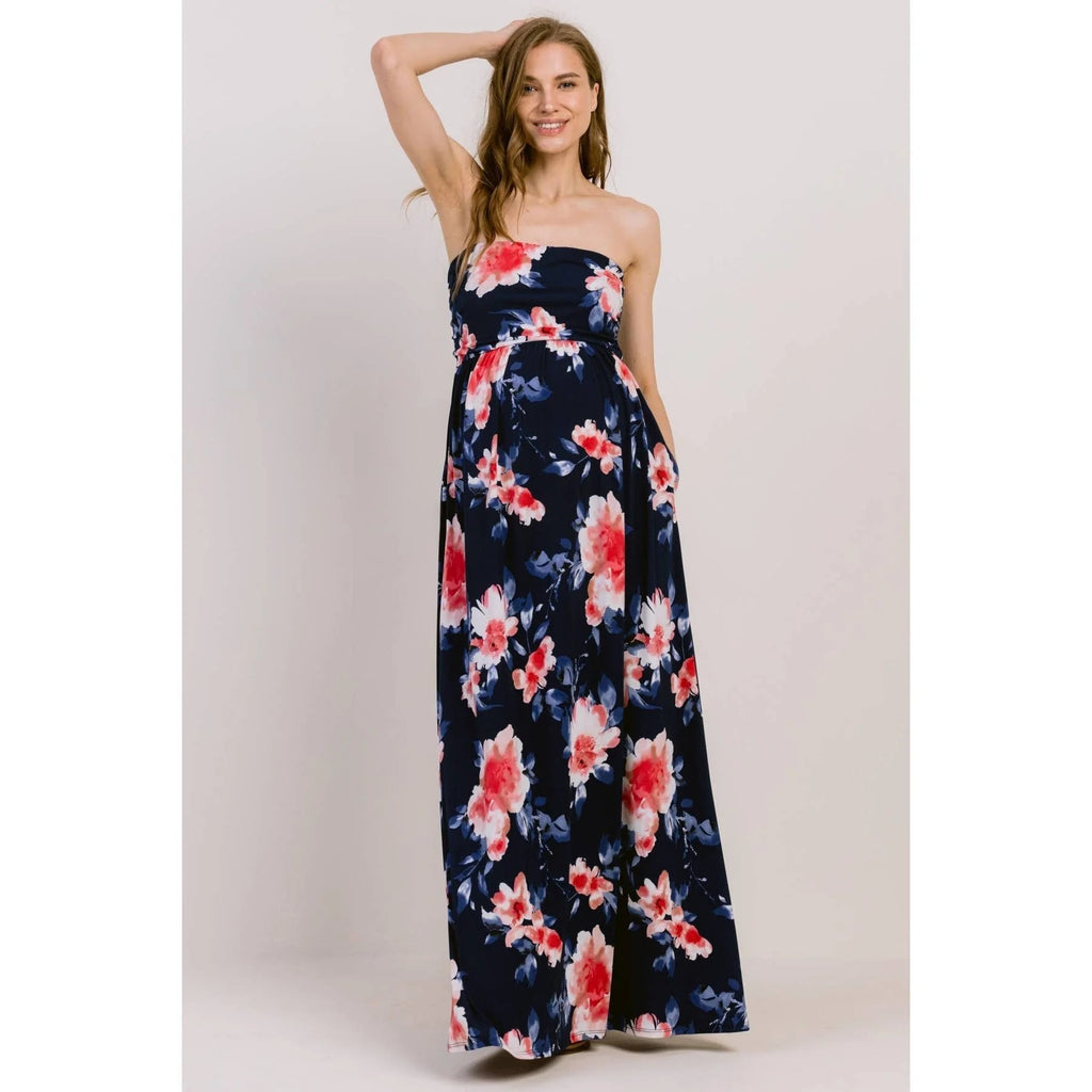 Navy Floral Bliss Strapless Maternity Maxi Dress