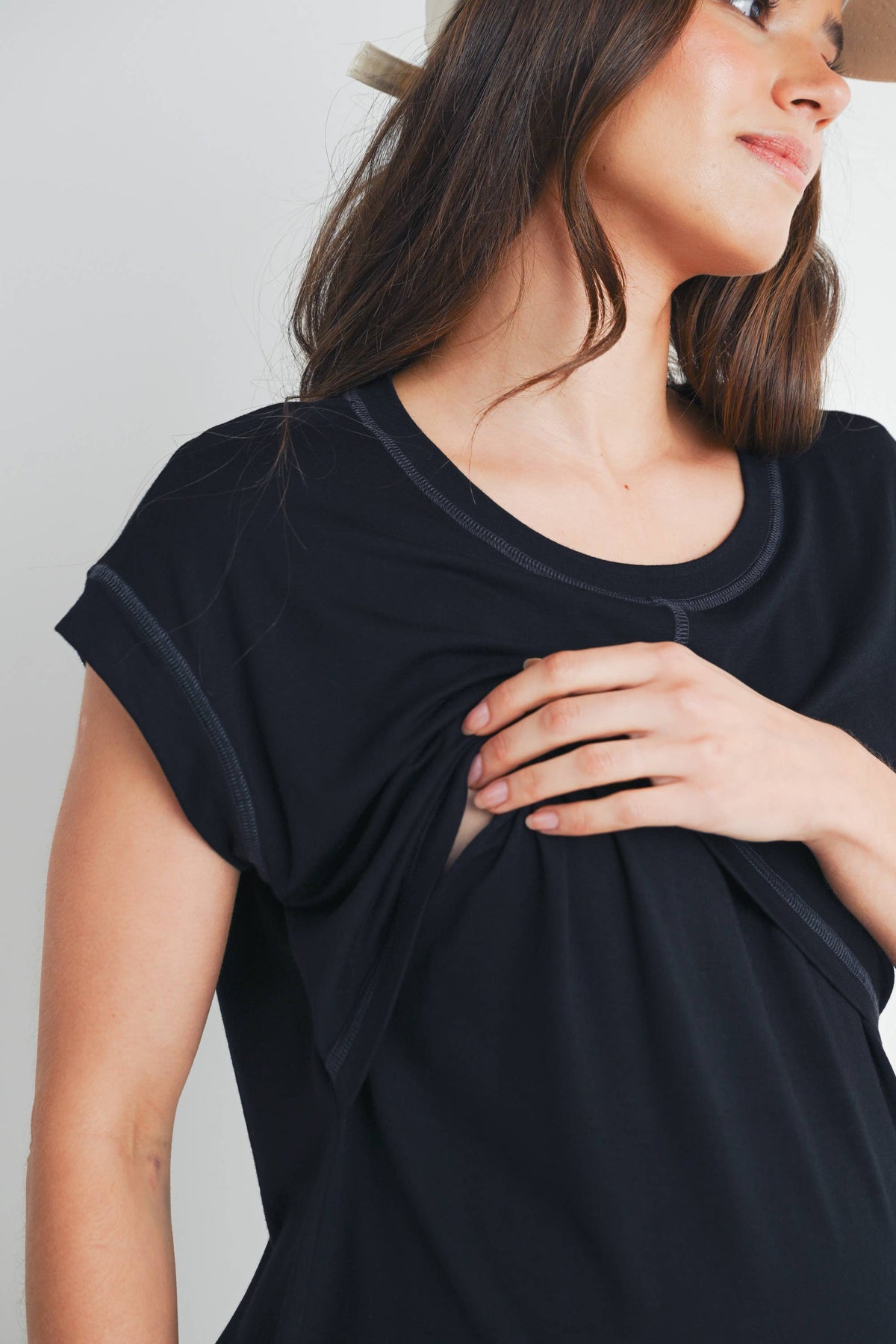 Double Layer Short Sleeve Maternity Nursing Top Black