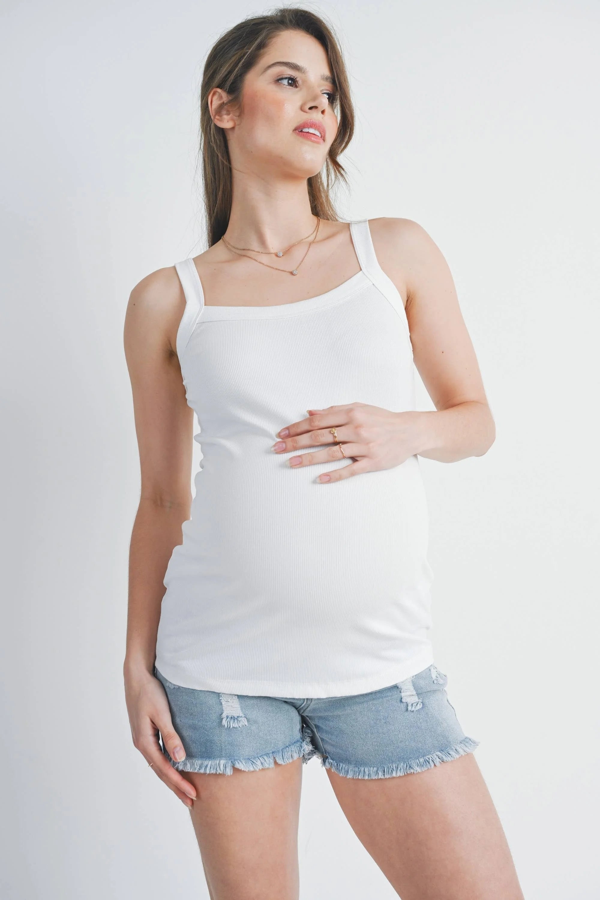 Black Ribbed Square Neck Maternity Solid Tank Top