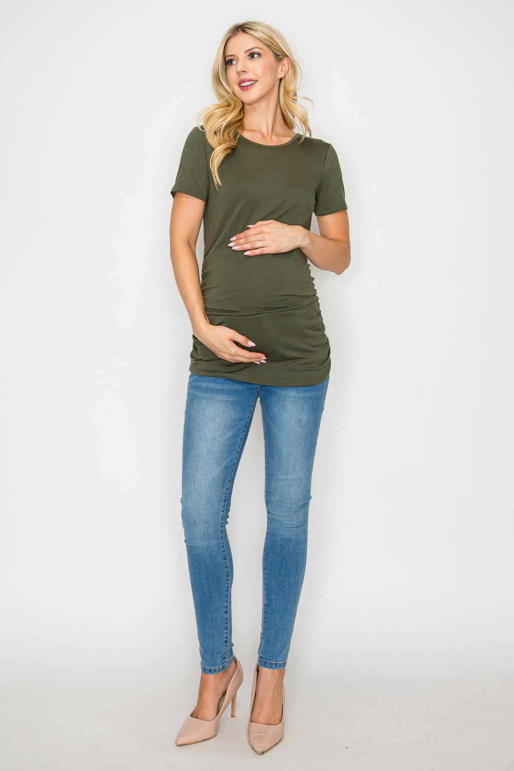 Elisse Casual Short Sleeve Maternity Top W/Side Ruching in Olive