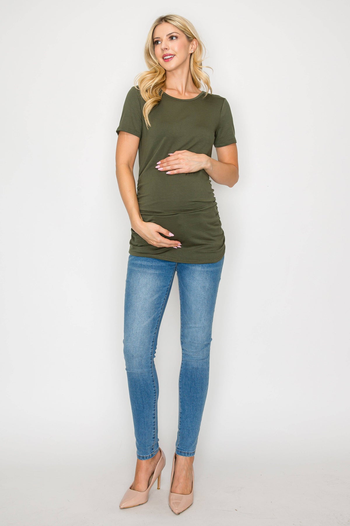 Elisse Casual Short Sleeve Maternity Top W/Side Ruching in Olive