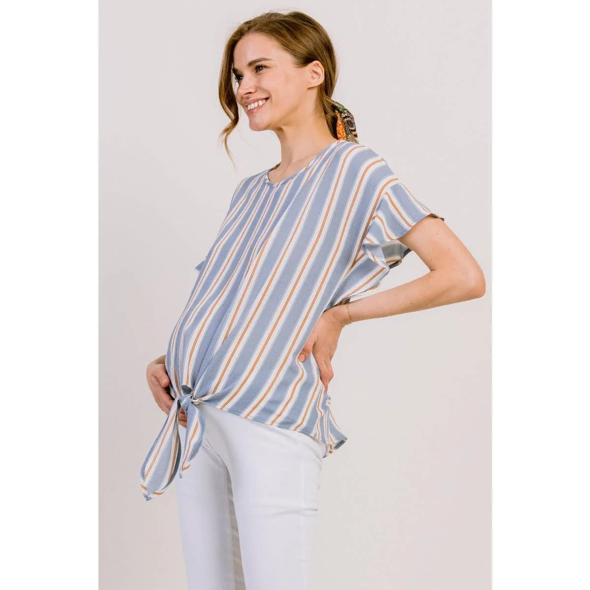 Blue Striped Ruffle Sleeve Round Neck Maternity Blouse