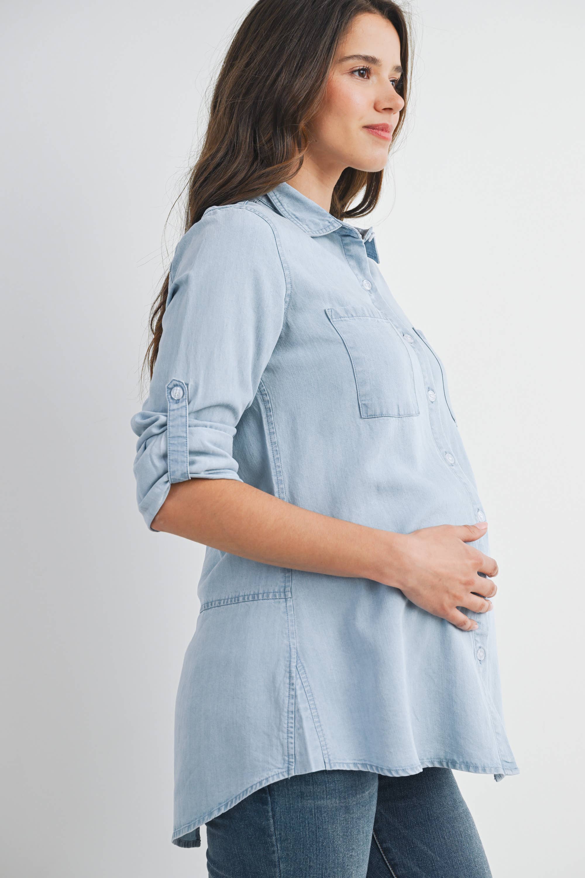 Button Down Long Sleeve Chambray Maternity Top