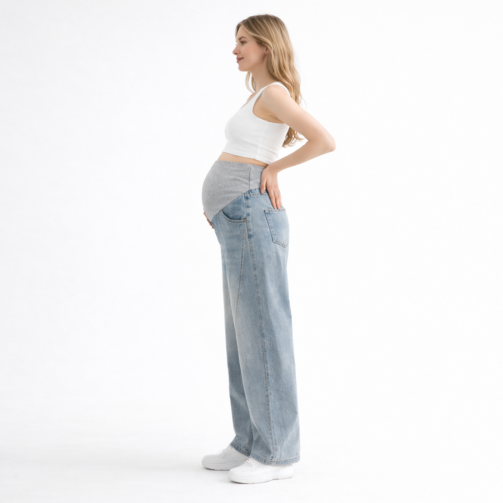High Waist Maternity Wide Leg Denim Jeans with Bump Support