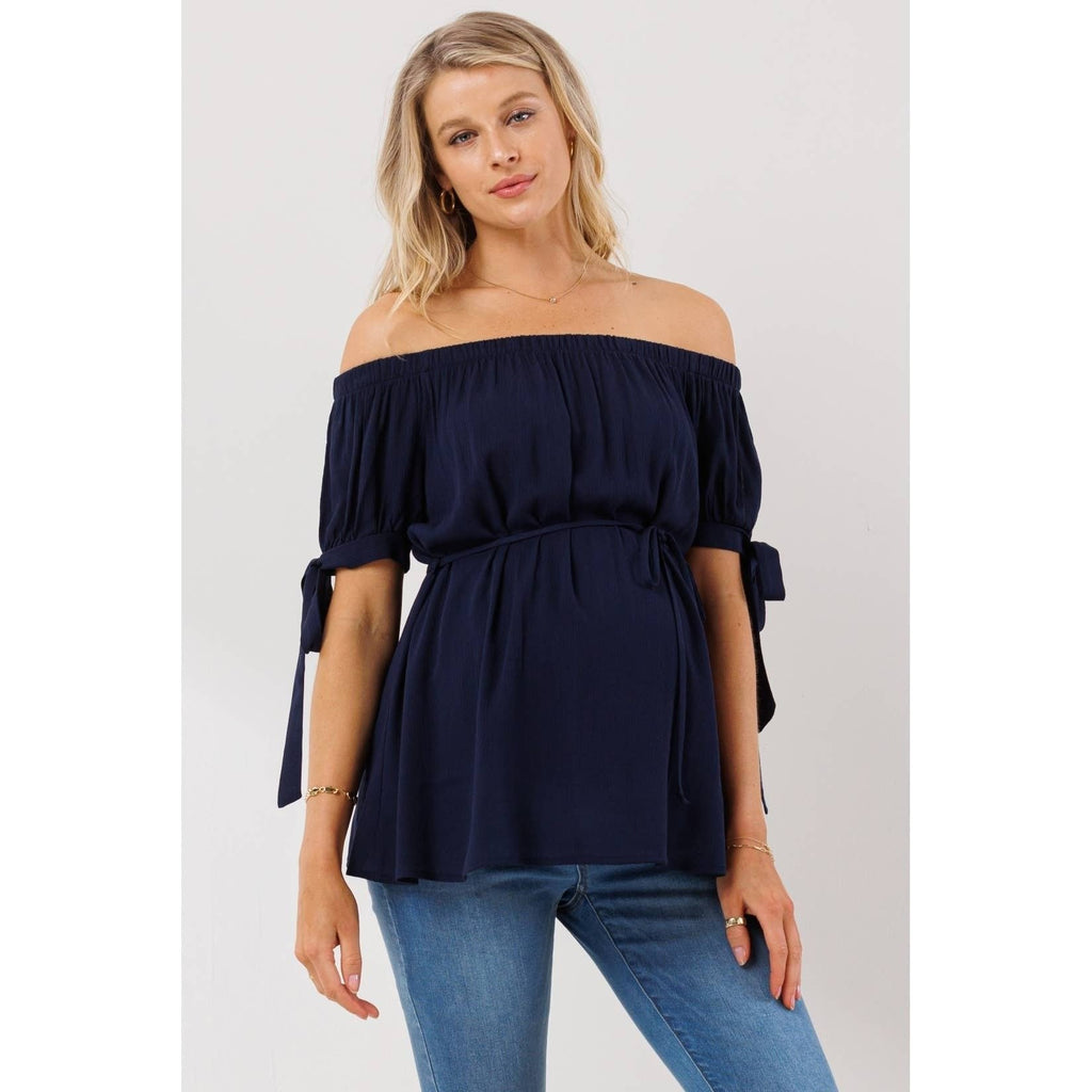 Off The Shoulder Tie-Sleeve Maternity Textured Top