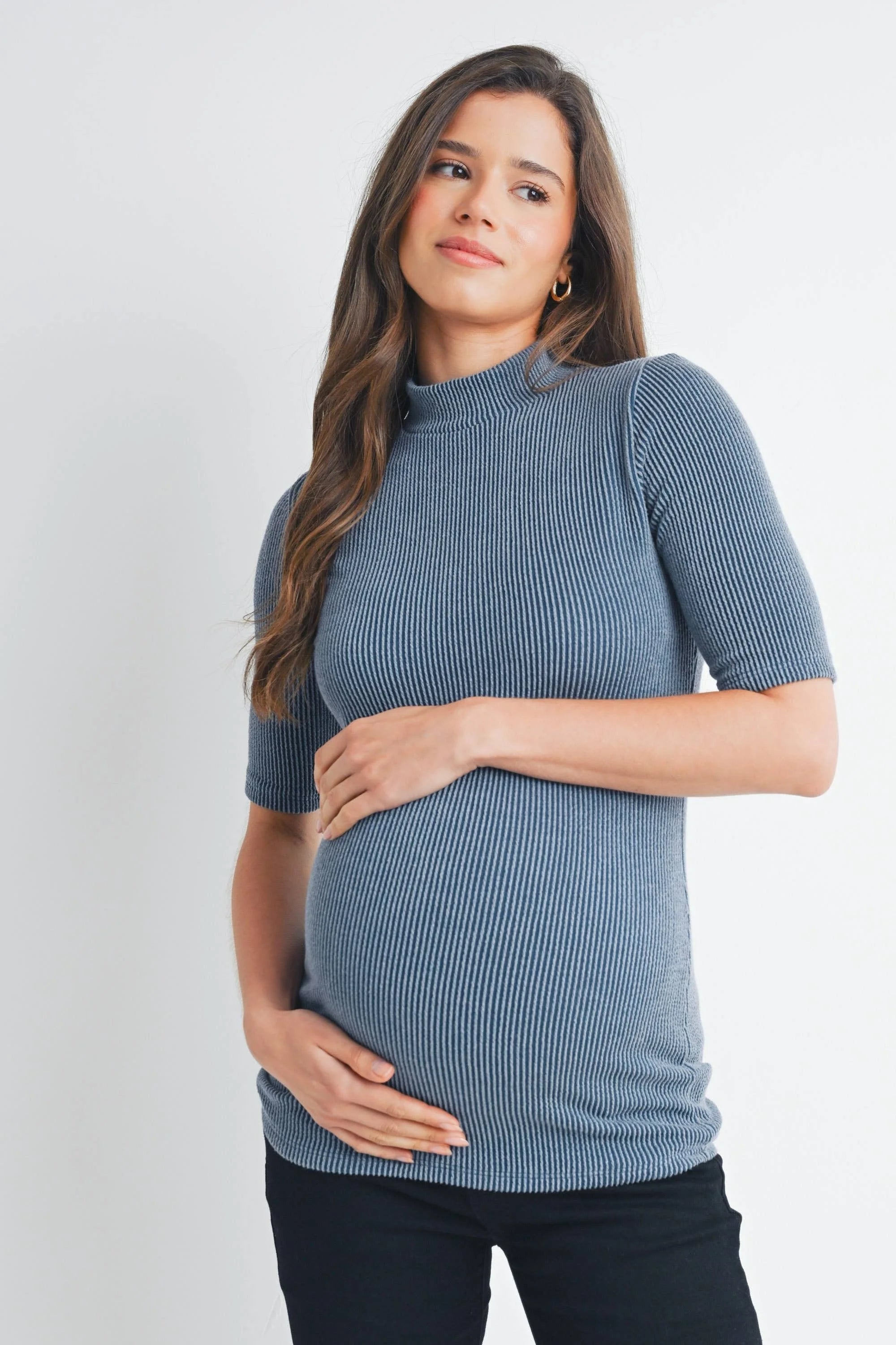 Ribbed Mock Neck Half Sleeve Maternity Top
