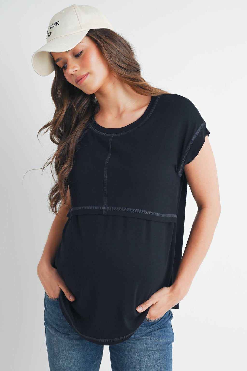Double Layer Short Sleeve Maternity Nursing Top Black
