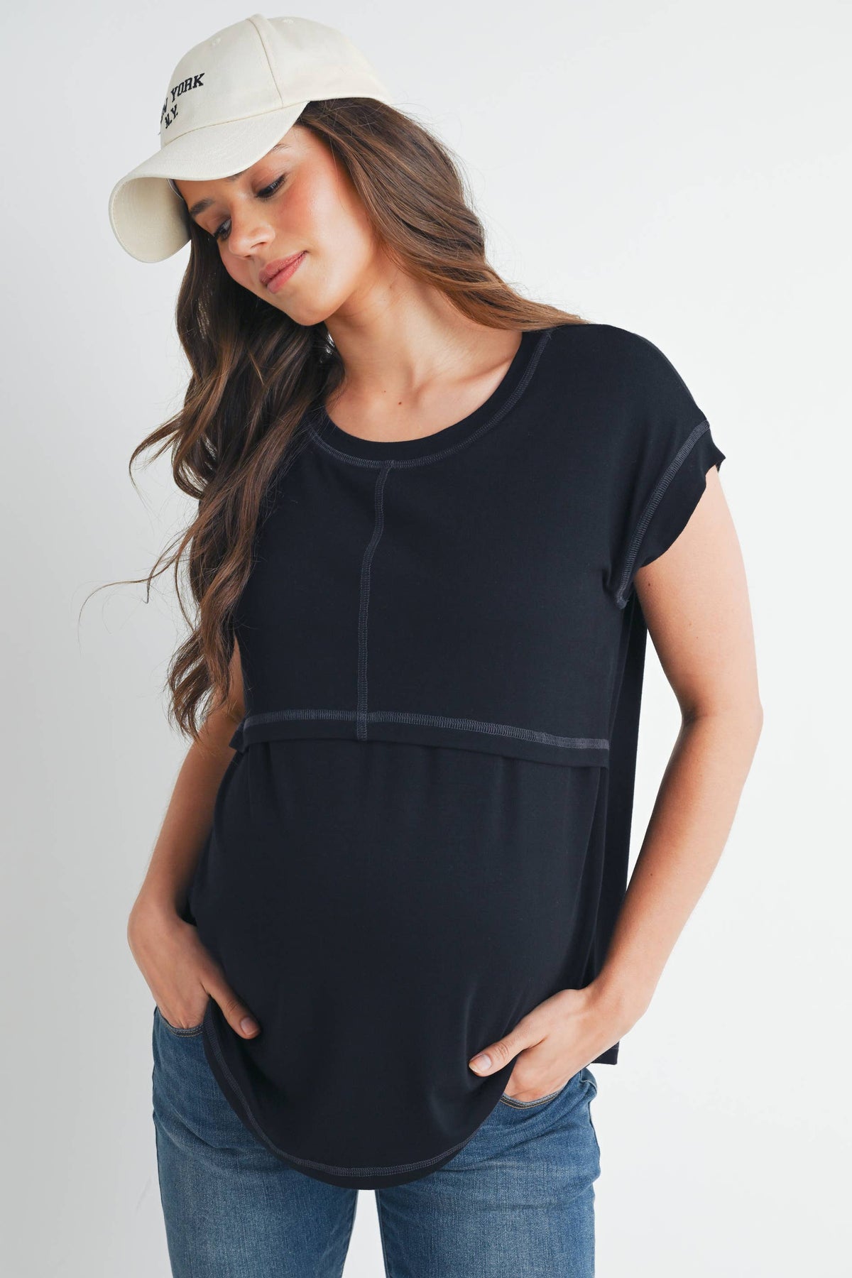 Double Layer Short Sleeve Maternity Nursing Top Black