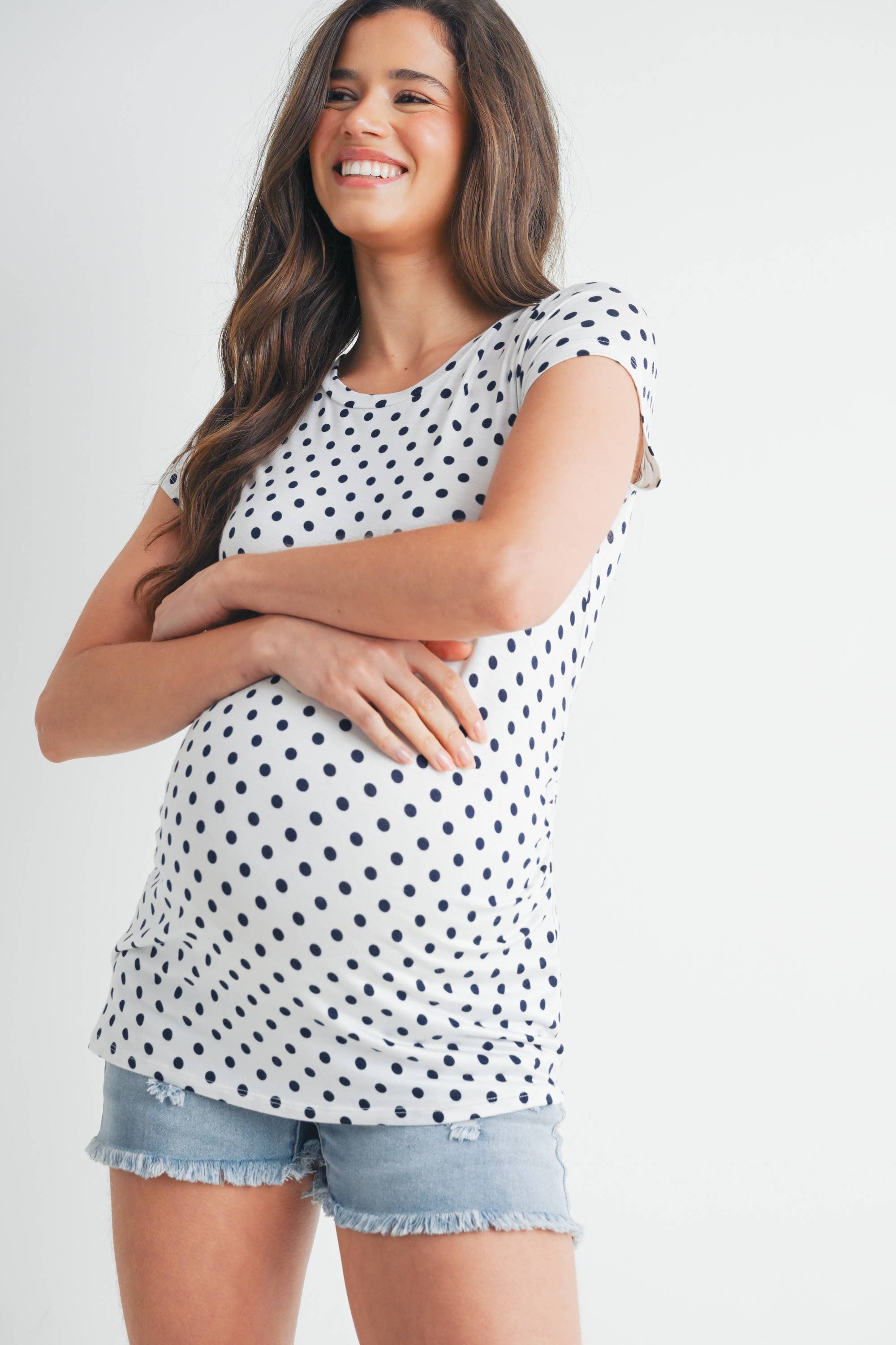 Polka Dot Short Sleeve Maternity T-Shirt in Ivory/Blue
