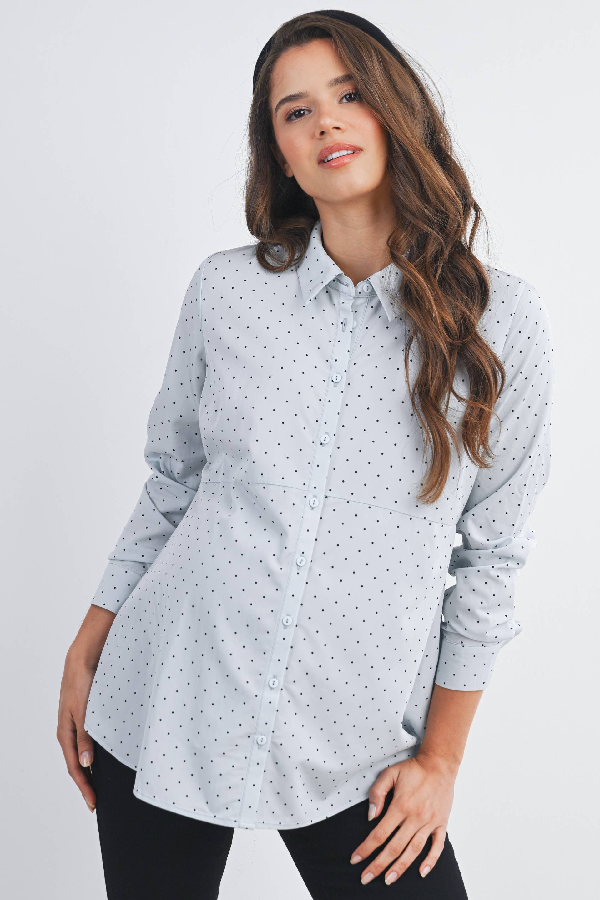 Polka Dot Button Down Long Sleeve Maternity Top