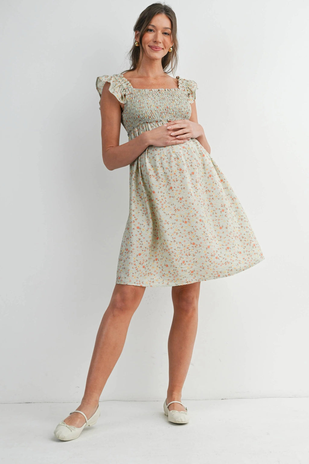 Sage Floral Ruffle Sleeve Maternity Dress